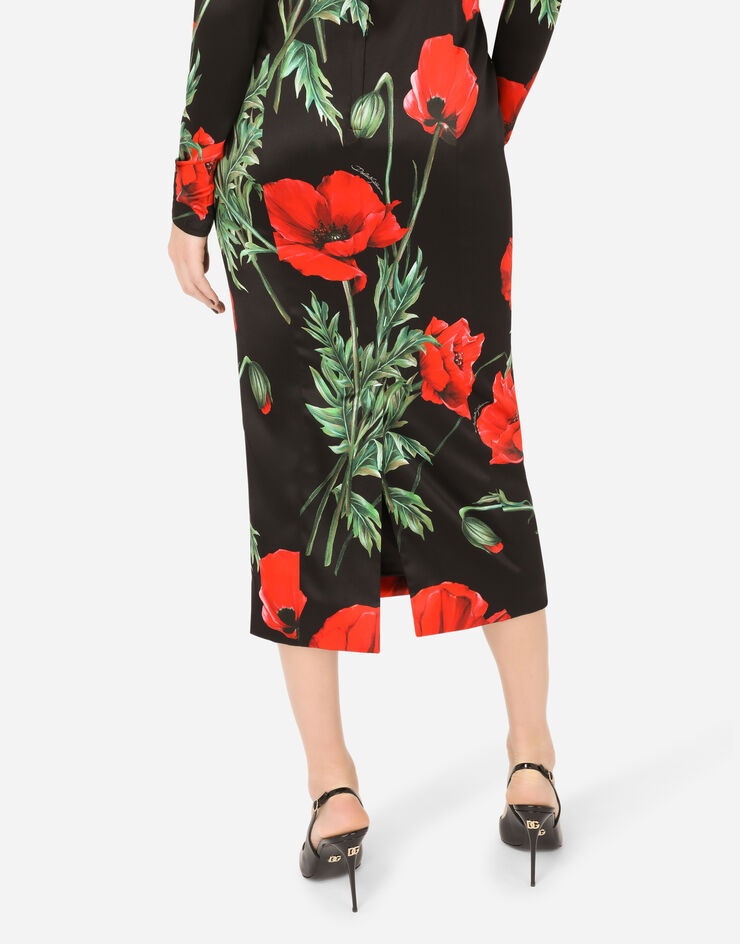 Satin calf-length dress with poppy print - 5