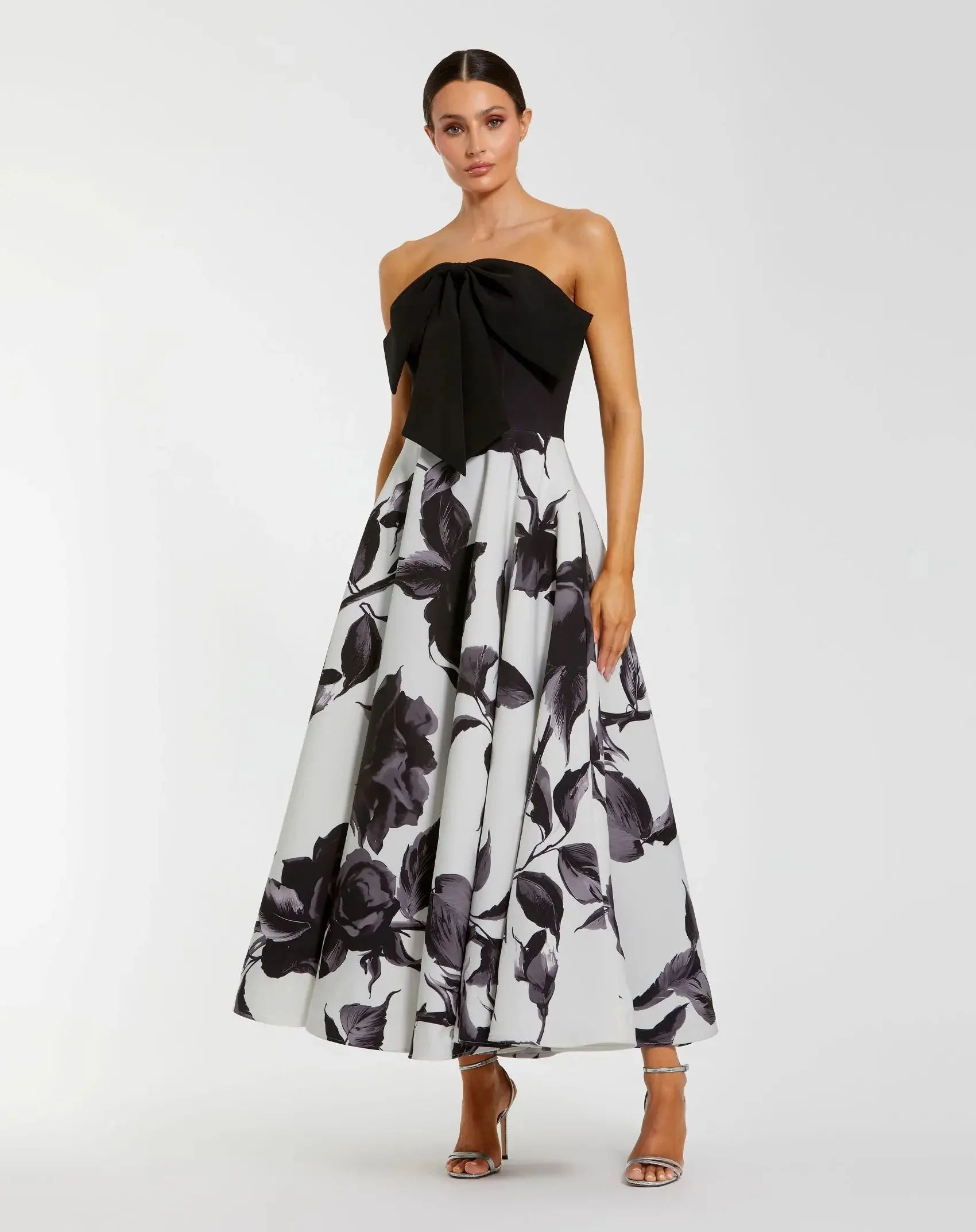 Black and Gray Floral Strapless Midi Dress With Bow - 1