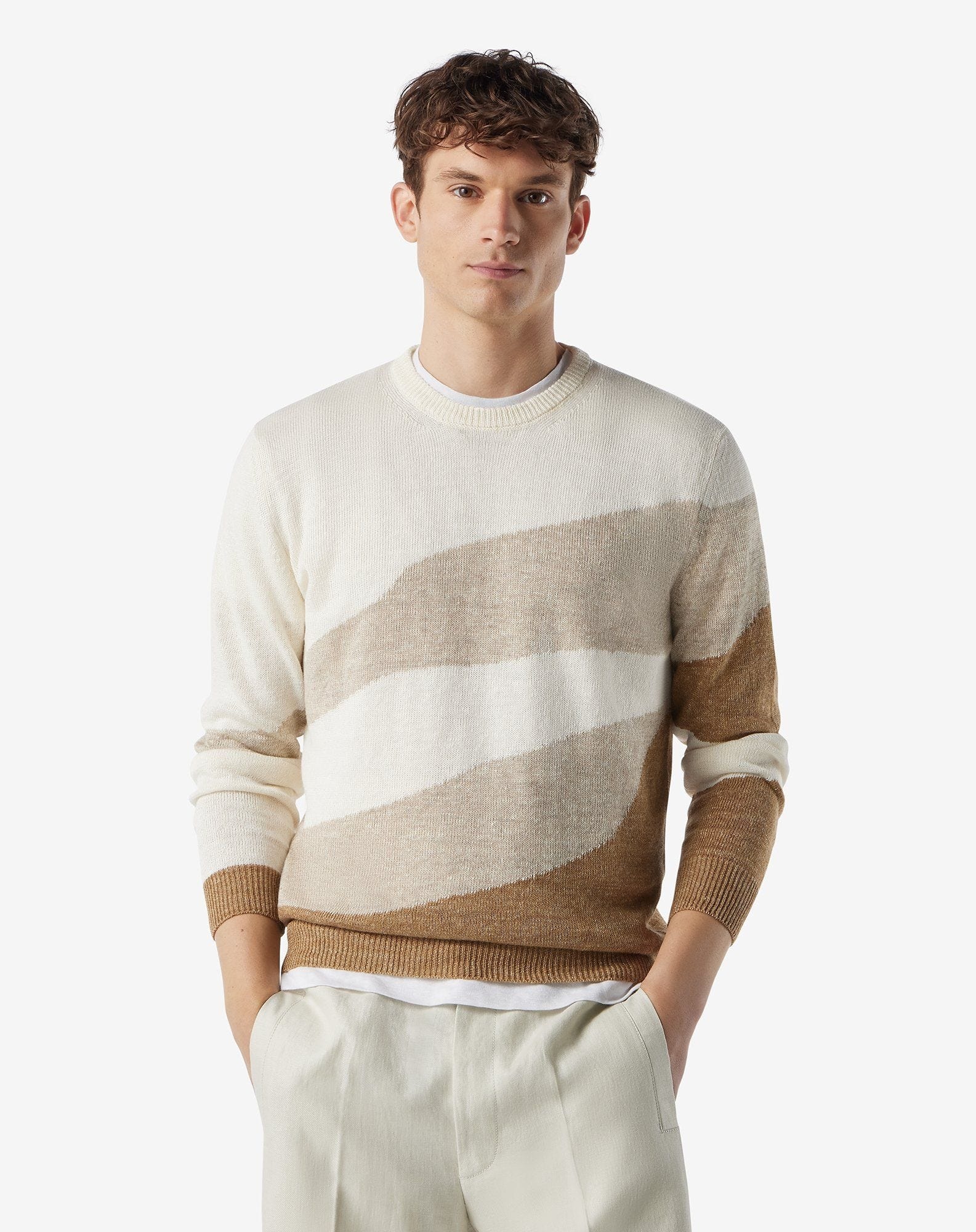 Sandy beige crew neck linen and silk knitwear - 2