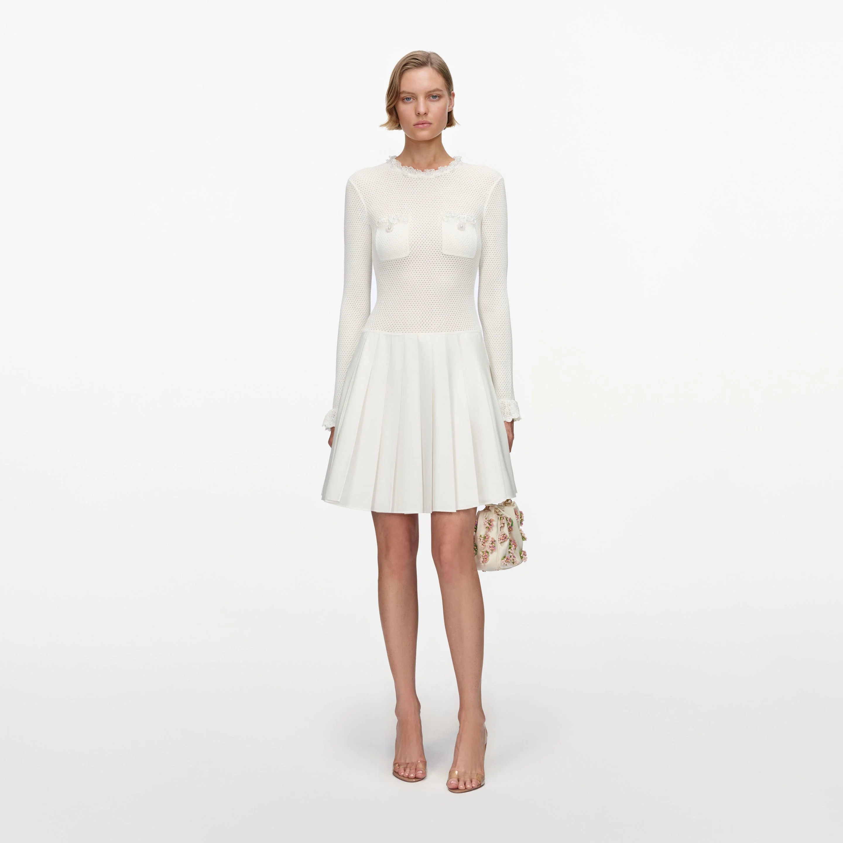 White Knit Pleated Twill Mini Dress - 1