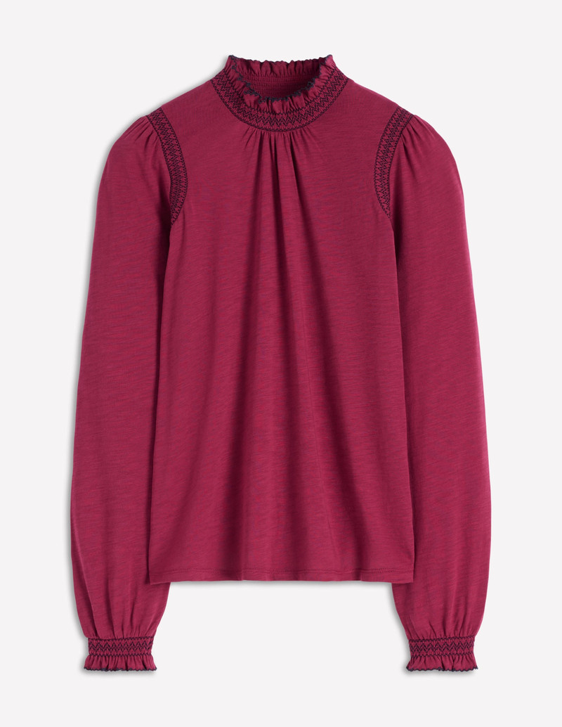 Tia Smocked Neck Jersey Top-Ruby Red 1