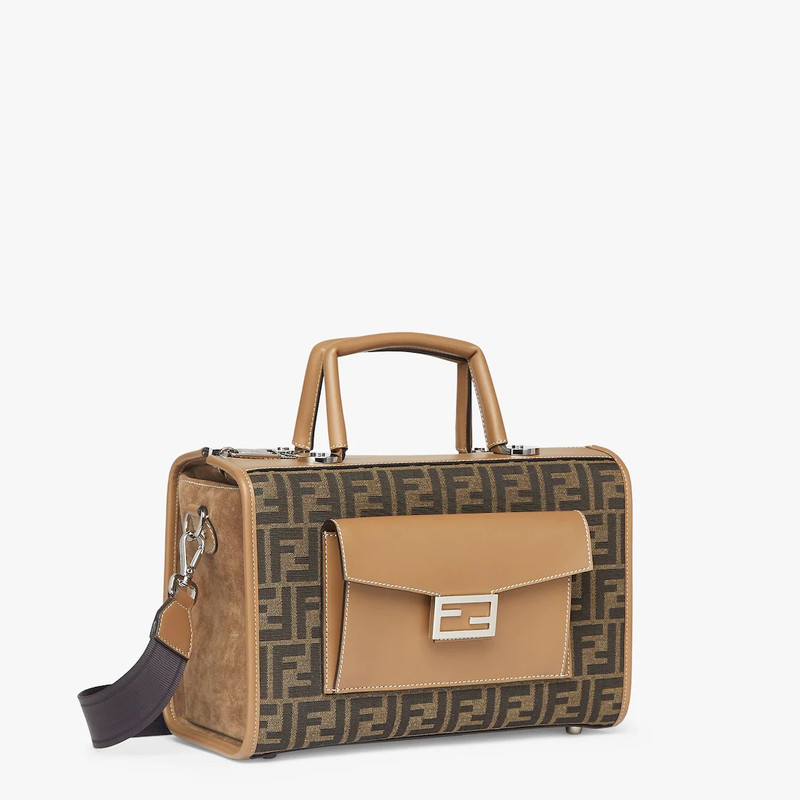 FENDI Structured-design Boston bag with zip fastening, made from fabric with FF jacquard motif. Beige leat outlook