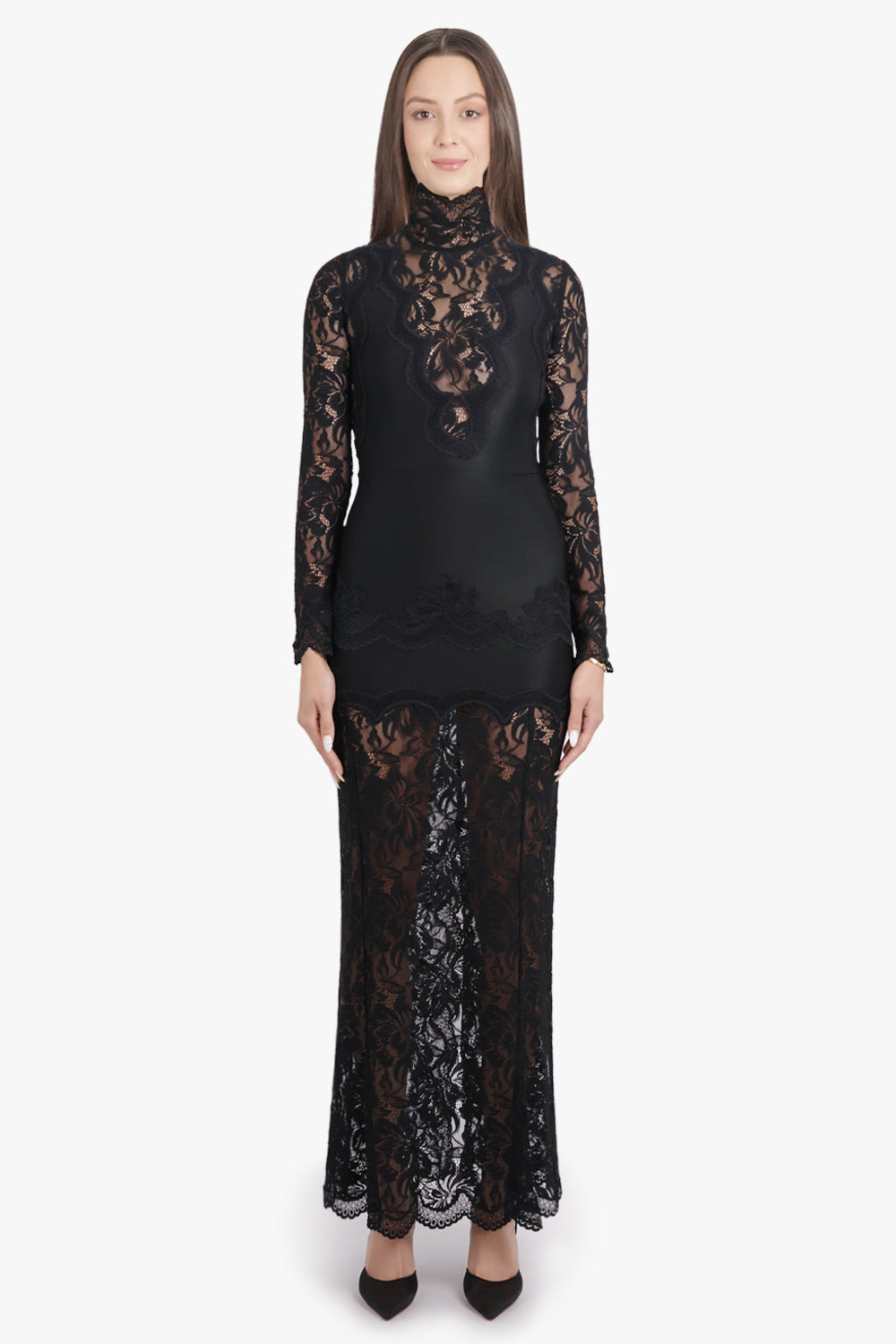 HIGH NECK L/S LACE MAXI DRESS WITH V NECKLINE DETAIL | BLACK - 3