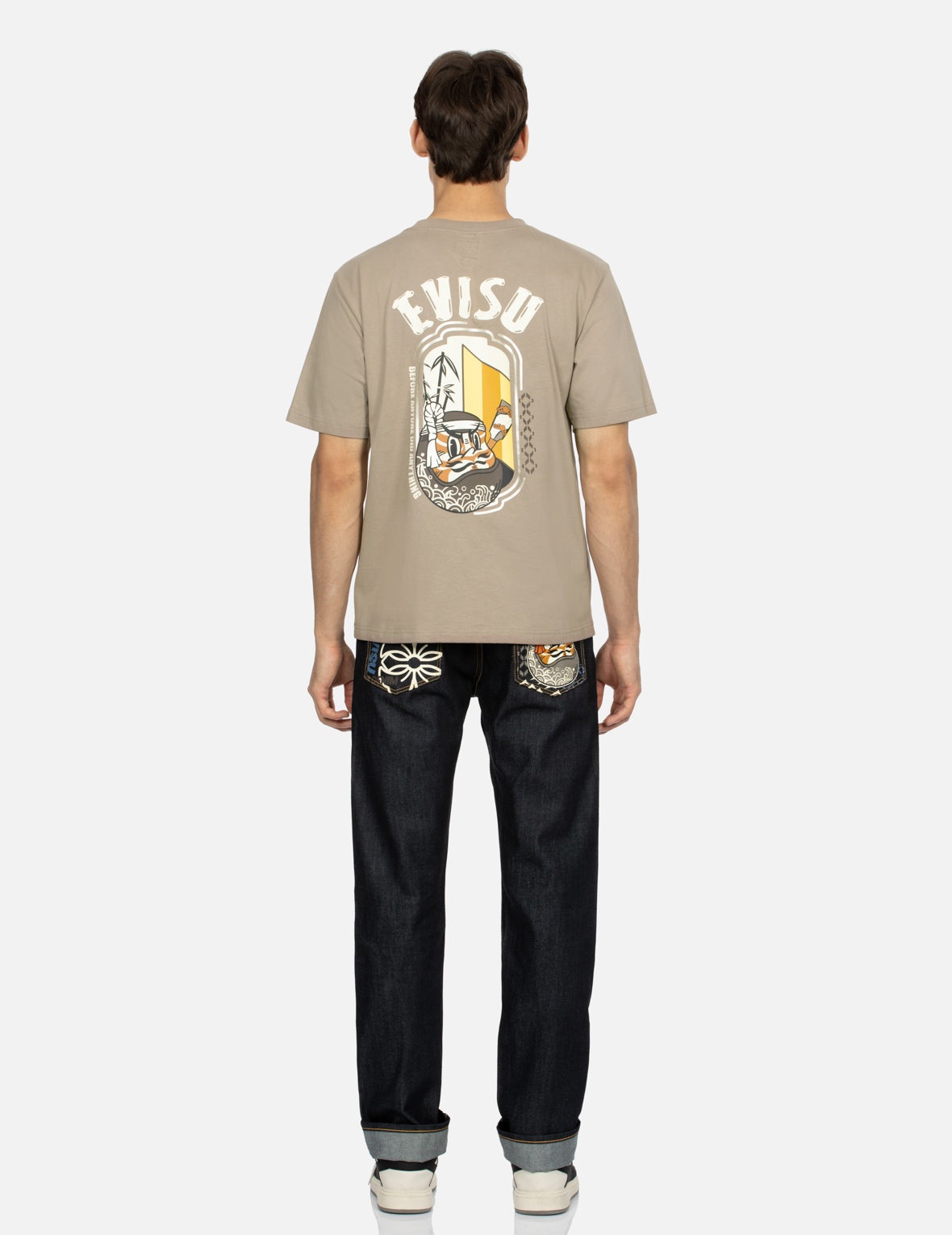 Fair Isle Pattern and Kumadori Daruma Print Slim Fit Denim Jeans #2010 - 5