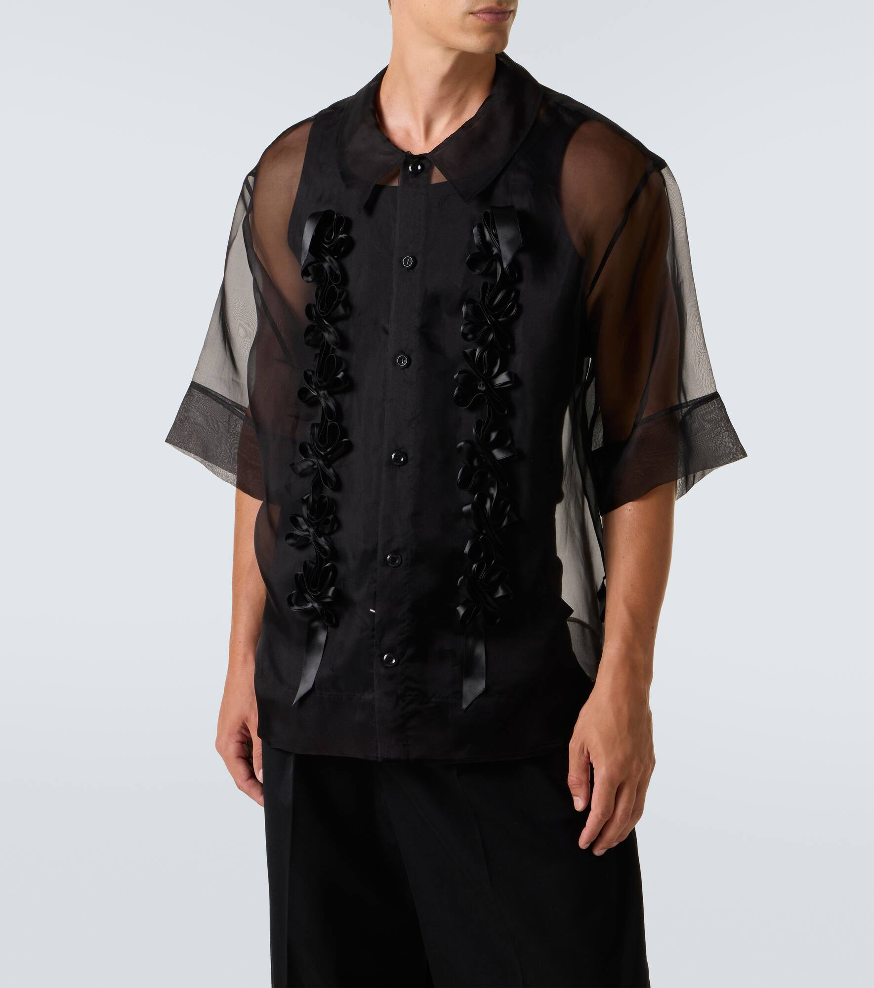 Floral-appliqué sheer silk shirt - 3