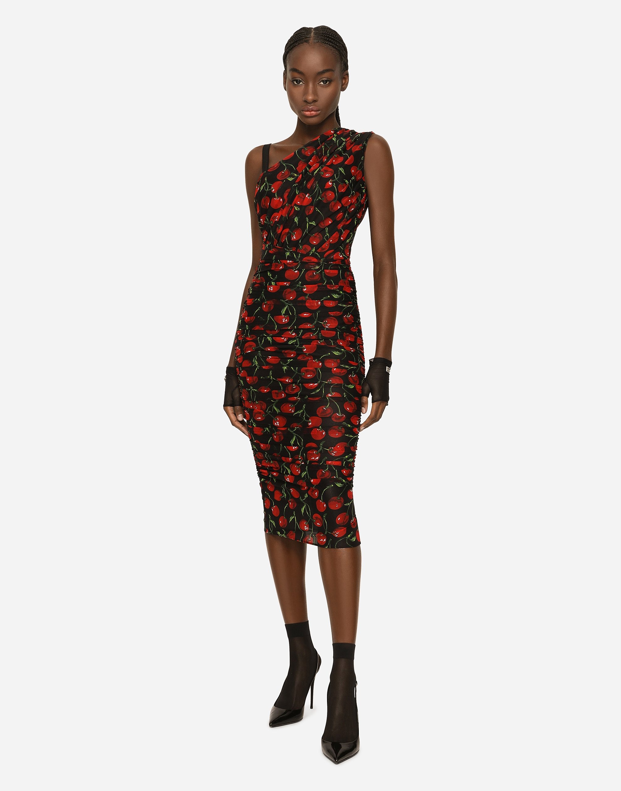 One-shoulder tulle midi dress with cherry print and draping - 2