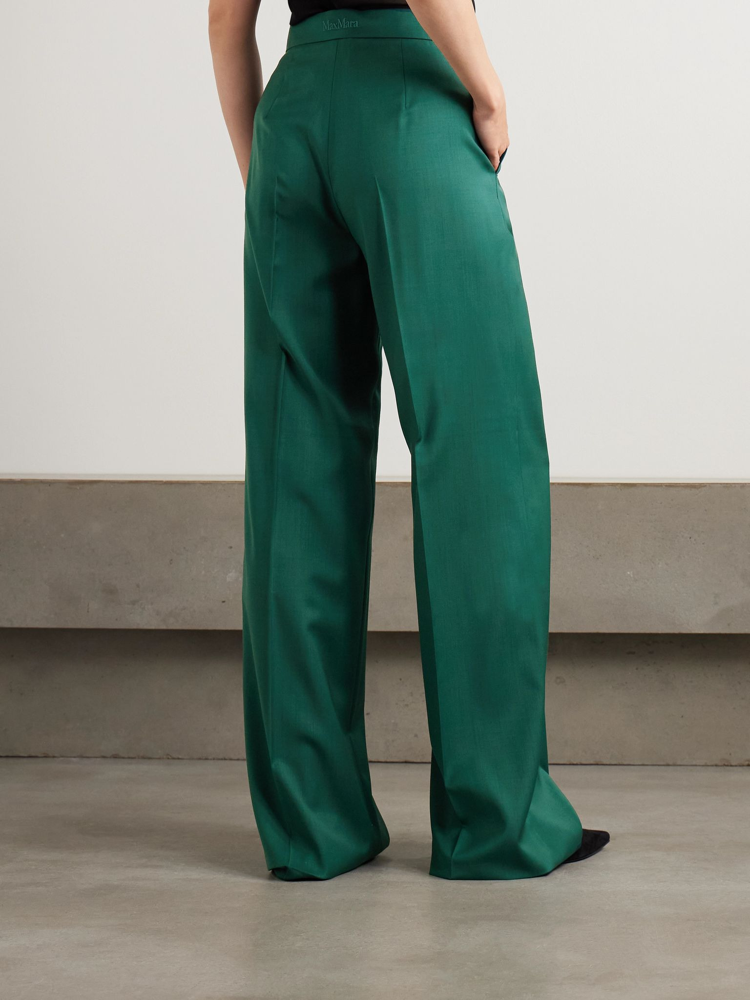 Fernet embroidered wool-canvas wide-leg pants Dark green - 4