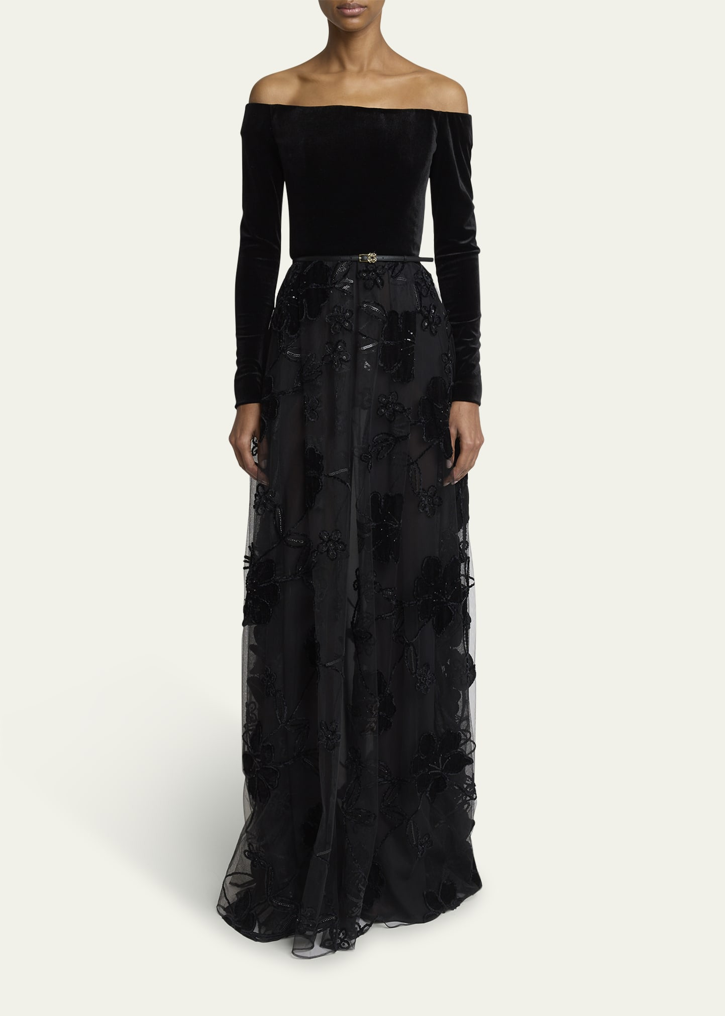 Off-The-Shoulder Velvet Sequined Tulle Gown - 2