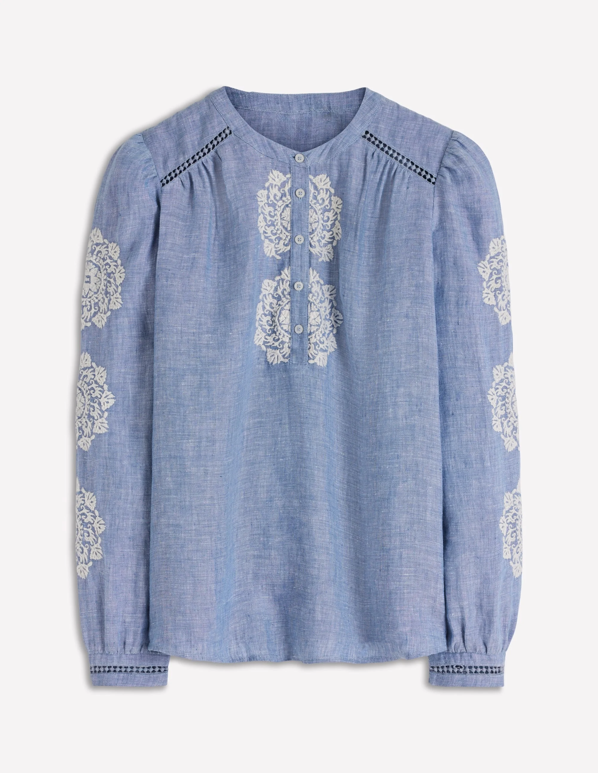 Embroidered Trim Interest Top-Chambray - 1