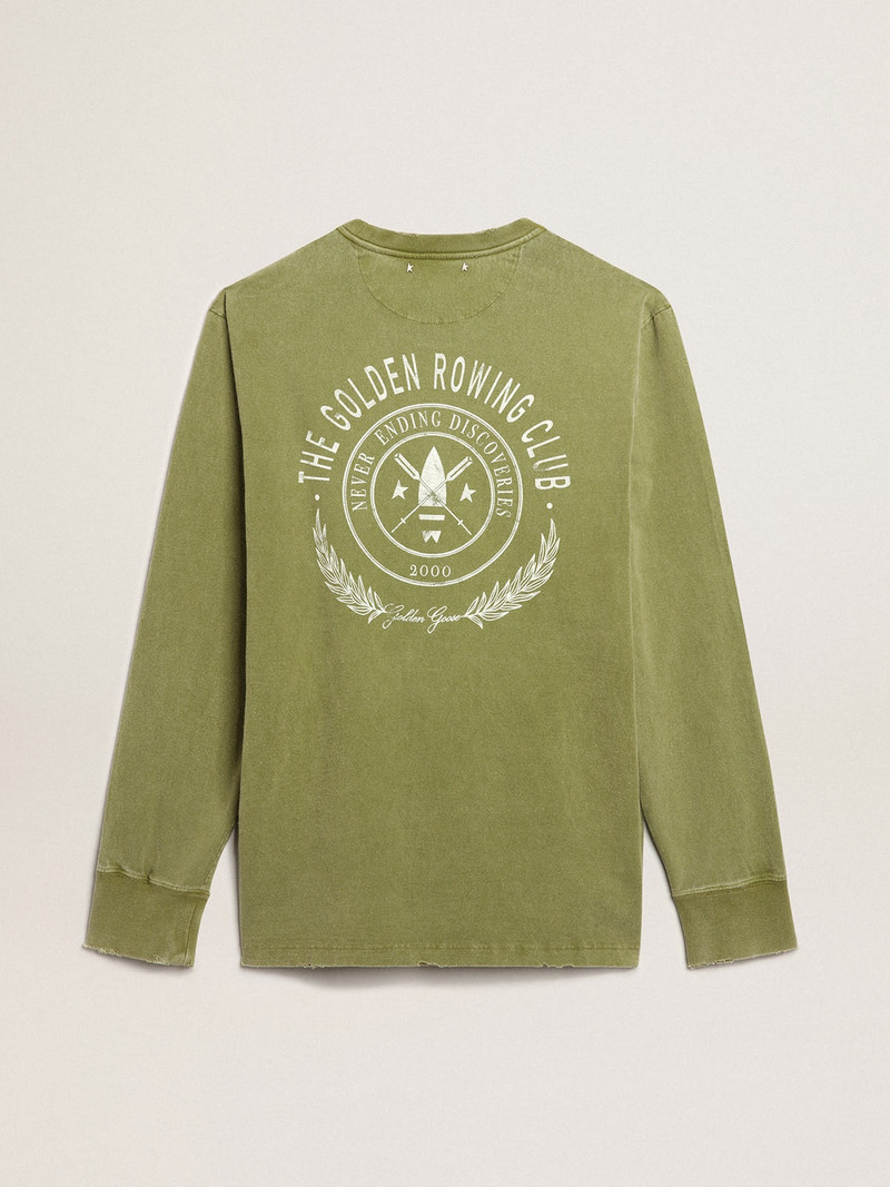 Pesto-green T-shirt with white logo on the front and back 6