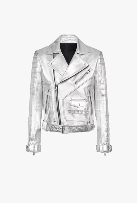 Silvery quilted leather biker jacket - 1