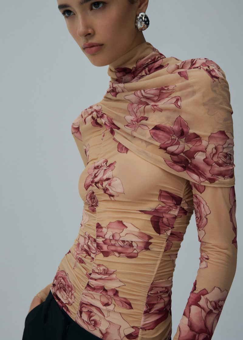 MAGDA BUTRYM Draped high neck blouse in beige print outlook