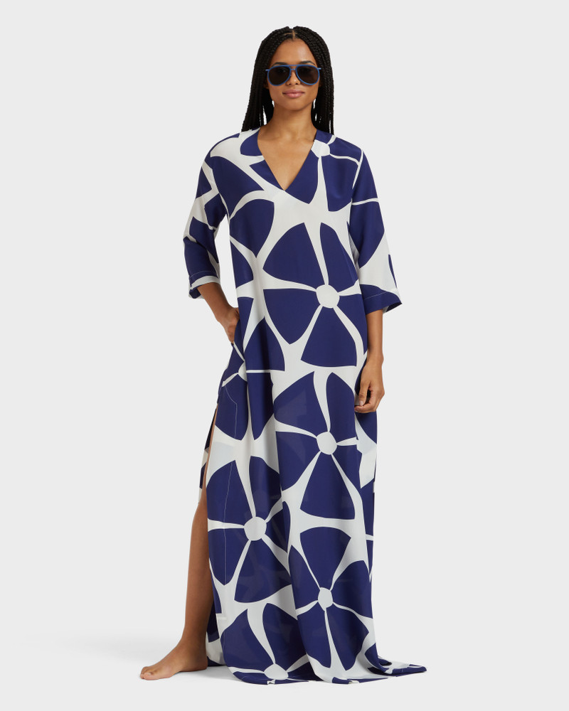 WOMEN LONG SILK CREPE DE CHINE KAFTAN BIG FLOWERS 5