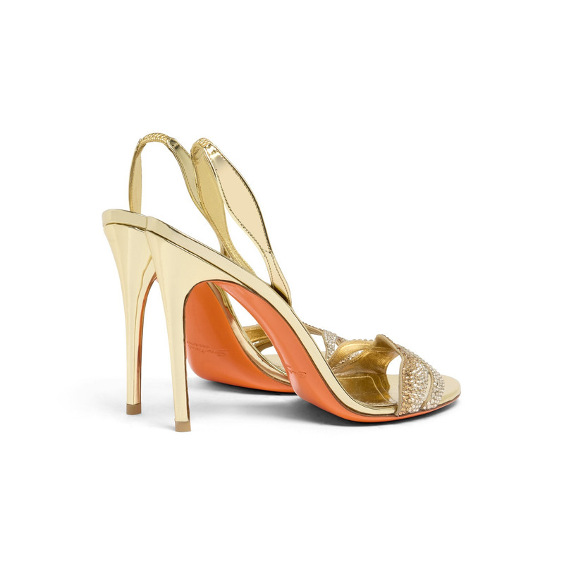 Women's gold laminated leather and crystals high-heel sandal 4