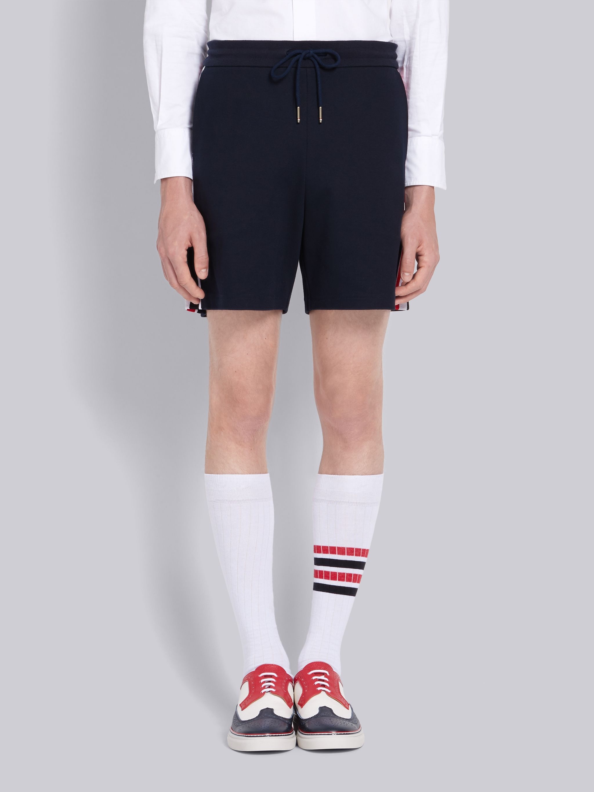 Navy Cotton Interlocking RWB Stripe Mid-Thigh Shorts - 1