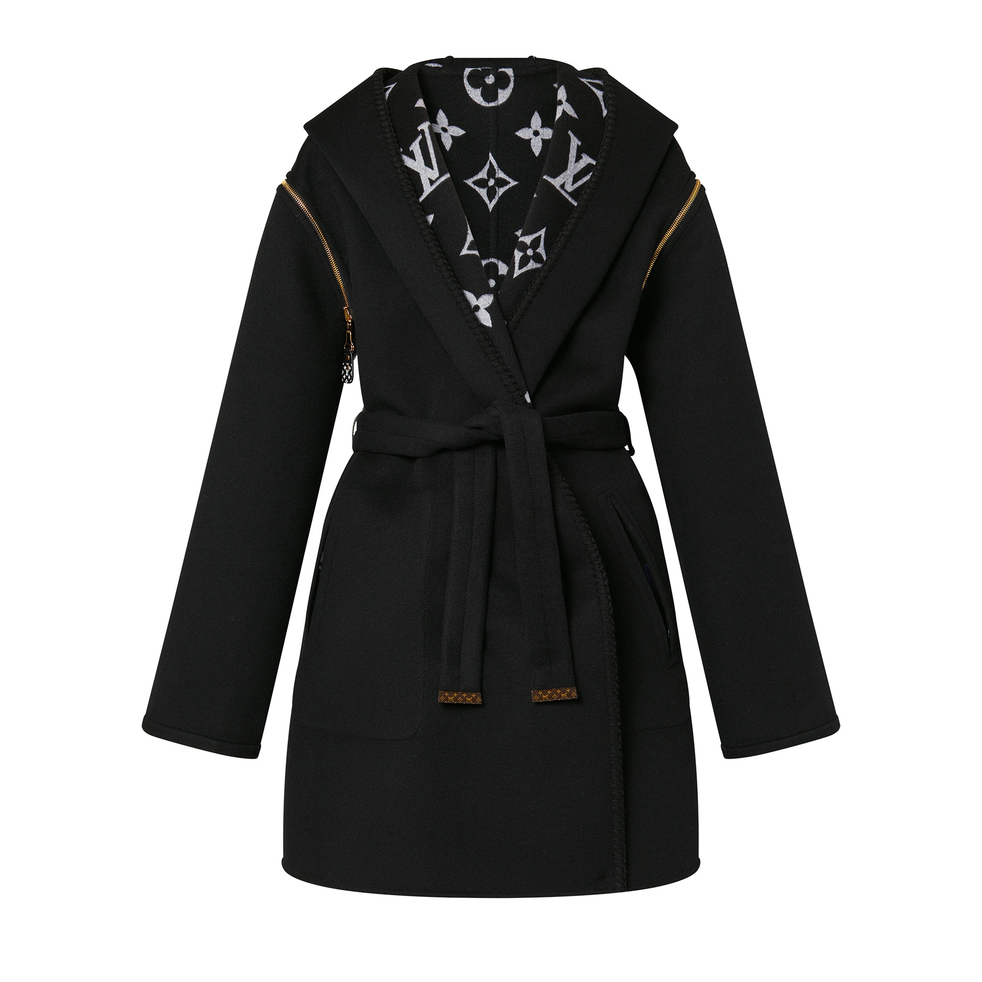 Reversible Zipper Sleeve Hooded Wrap Coat - 1