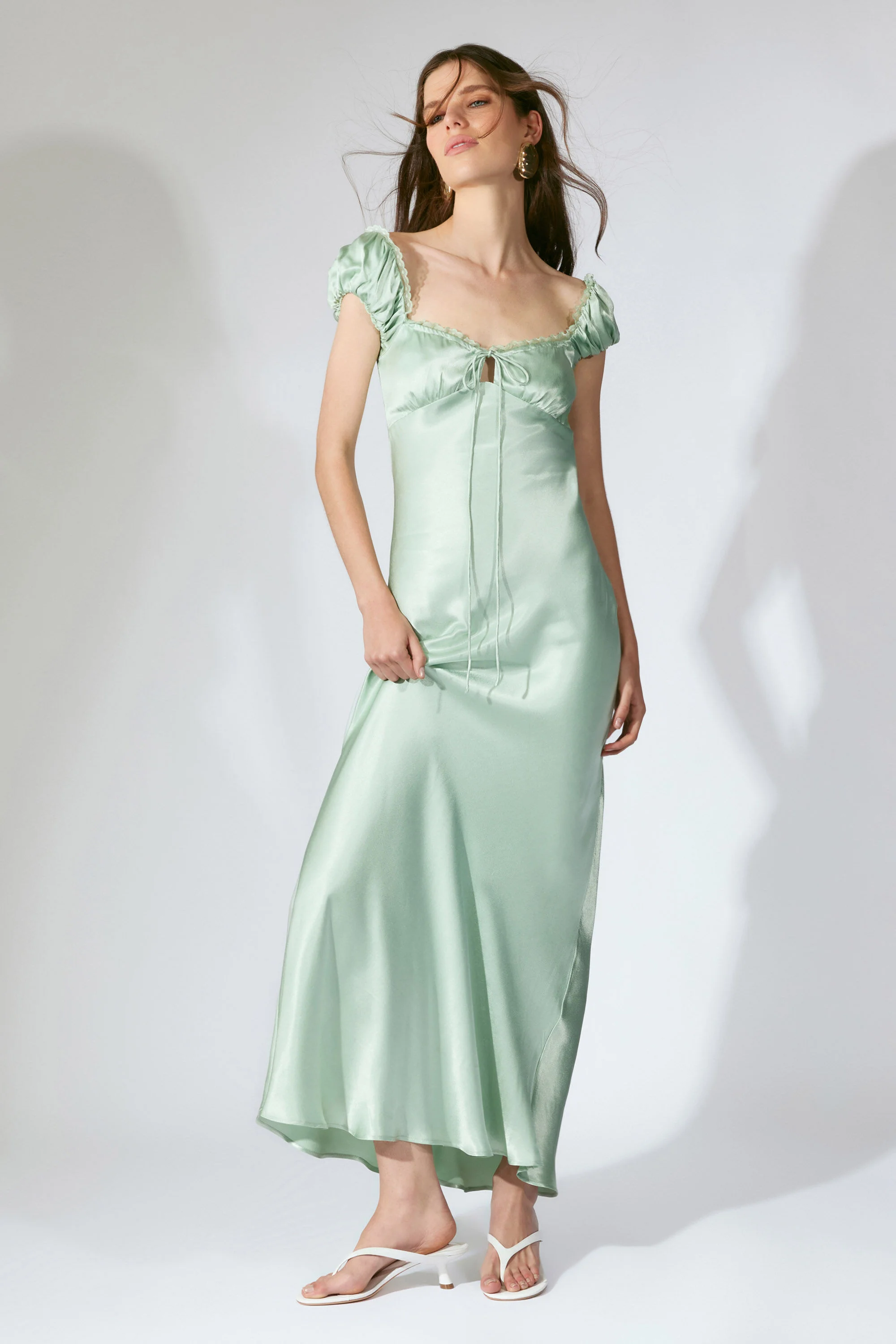 Stasia Satin Maxi Slip Dress In Pistachio - 1