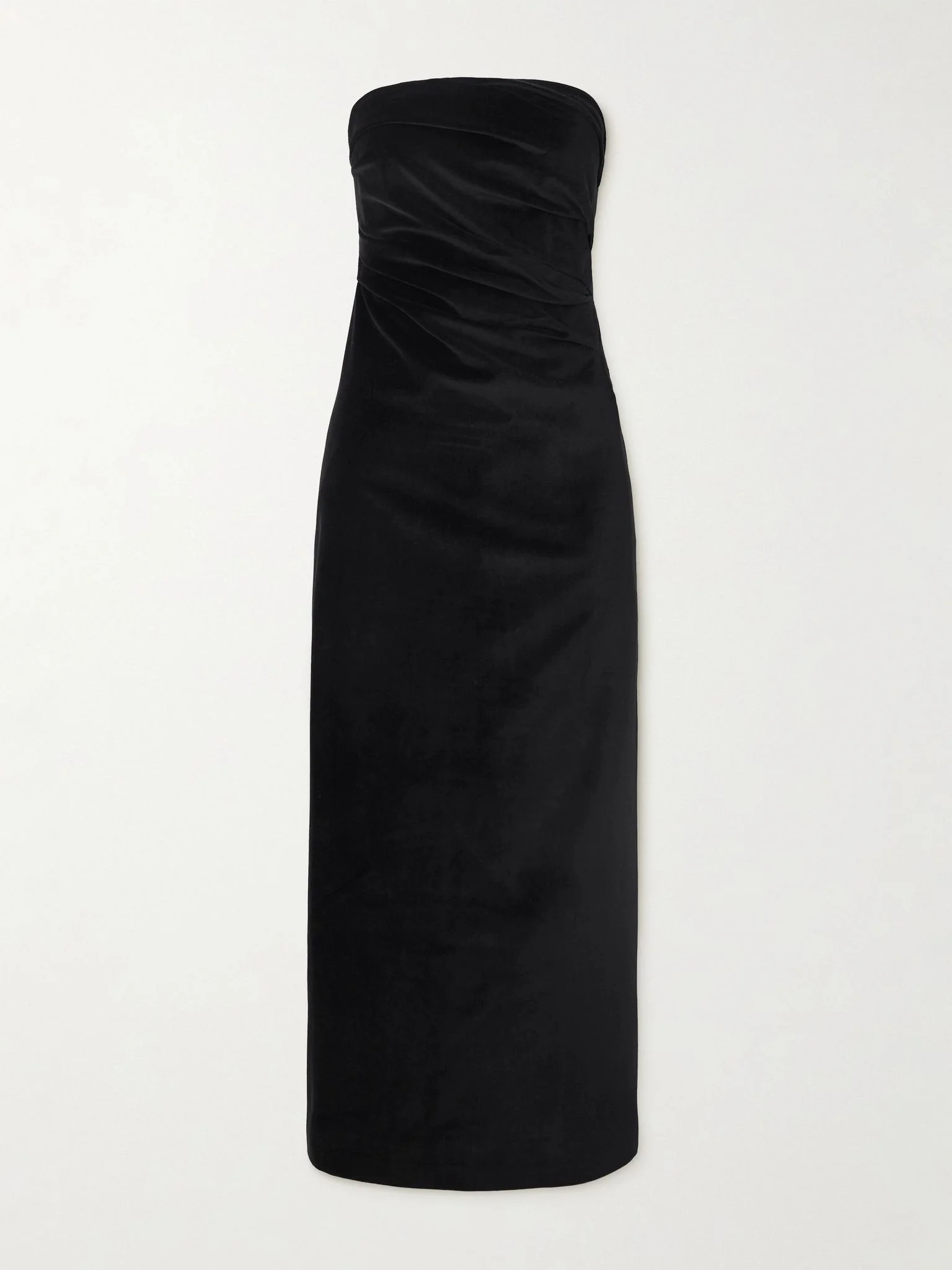 Sabella strapless ruched cotton-blend velvet midi dress Black - 1