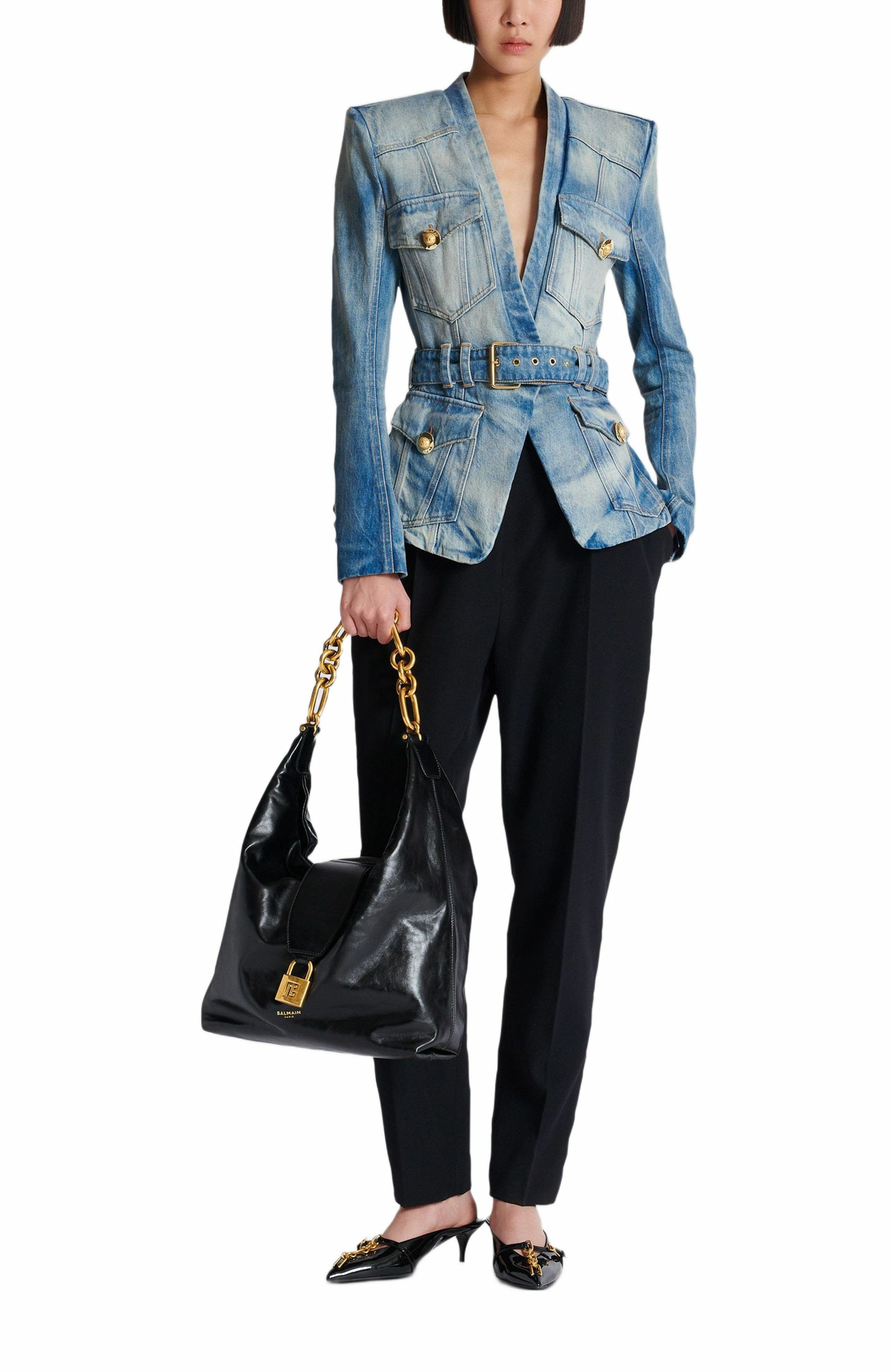 Balmain 1-button belted denim jacket in Blue at Nordstrom - 2