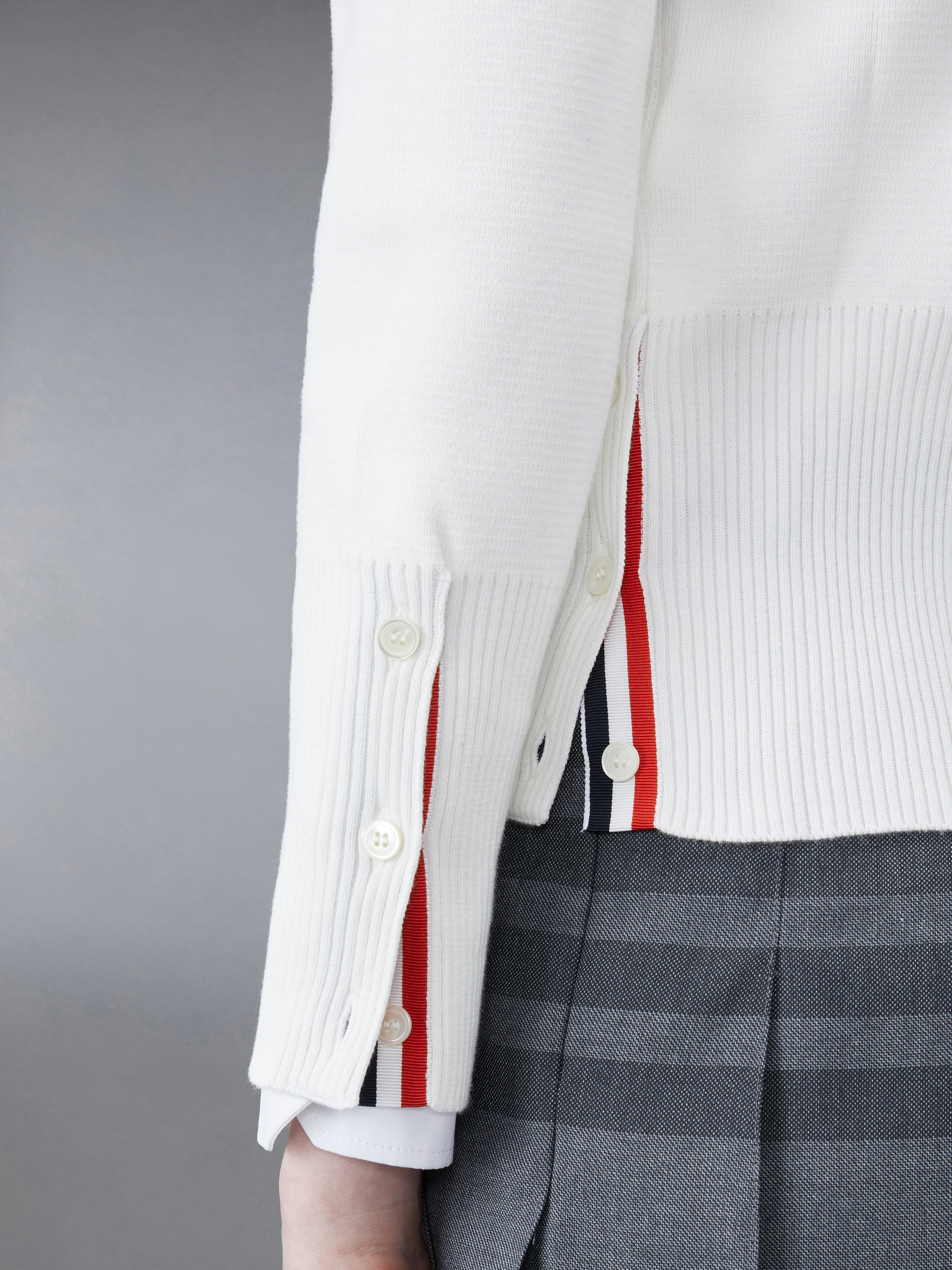 White Cotton Crepe V-Neck 4-Bar Cardigan - 4