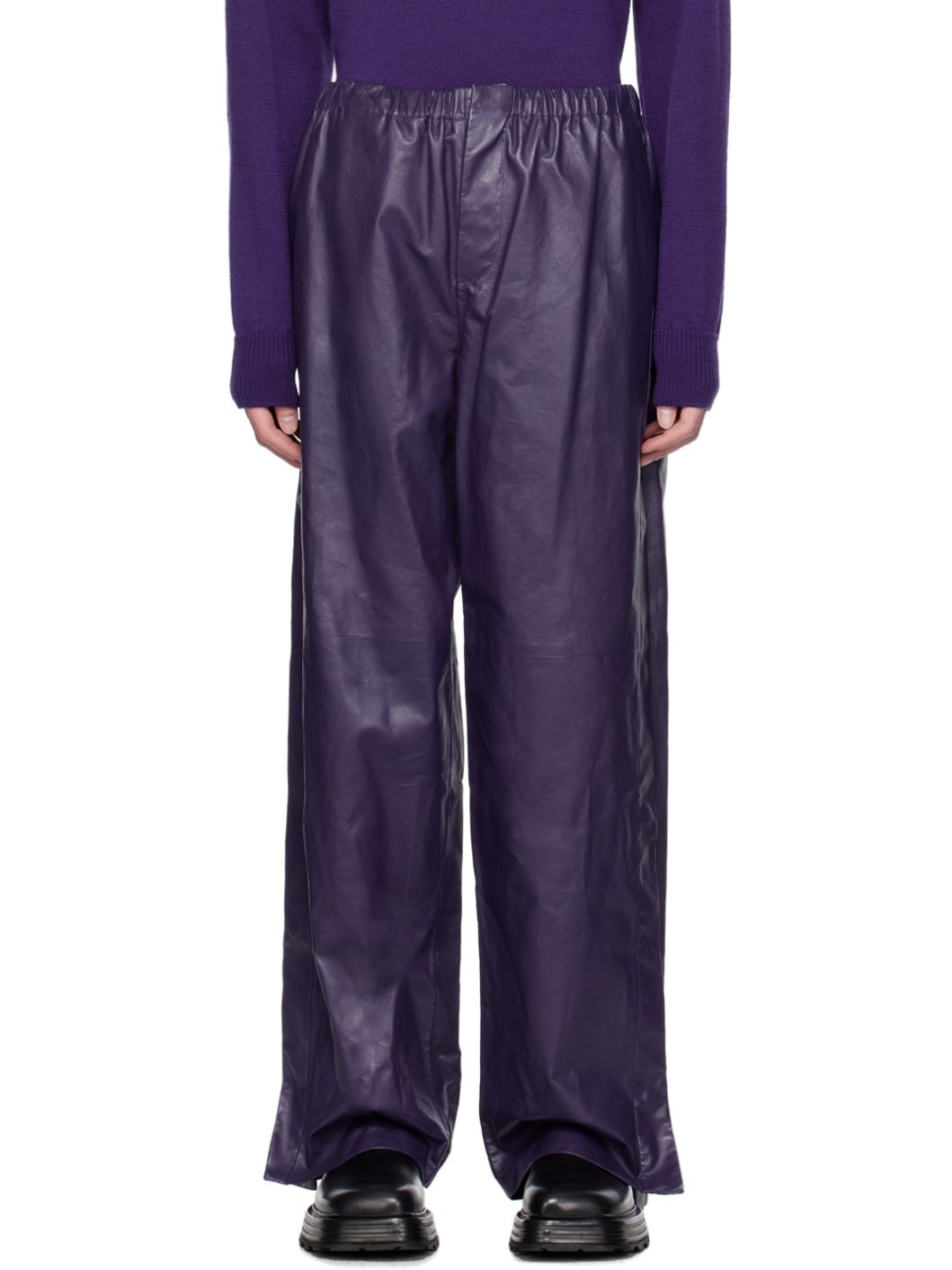 Purple Paneled Leather Pants - 1
