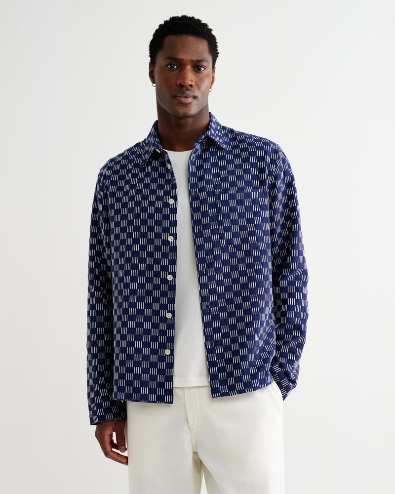 Wax London Breton - Indigo And Ecru Geometric Grid Stitch Overshirt outlook