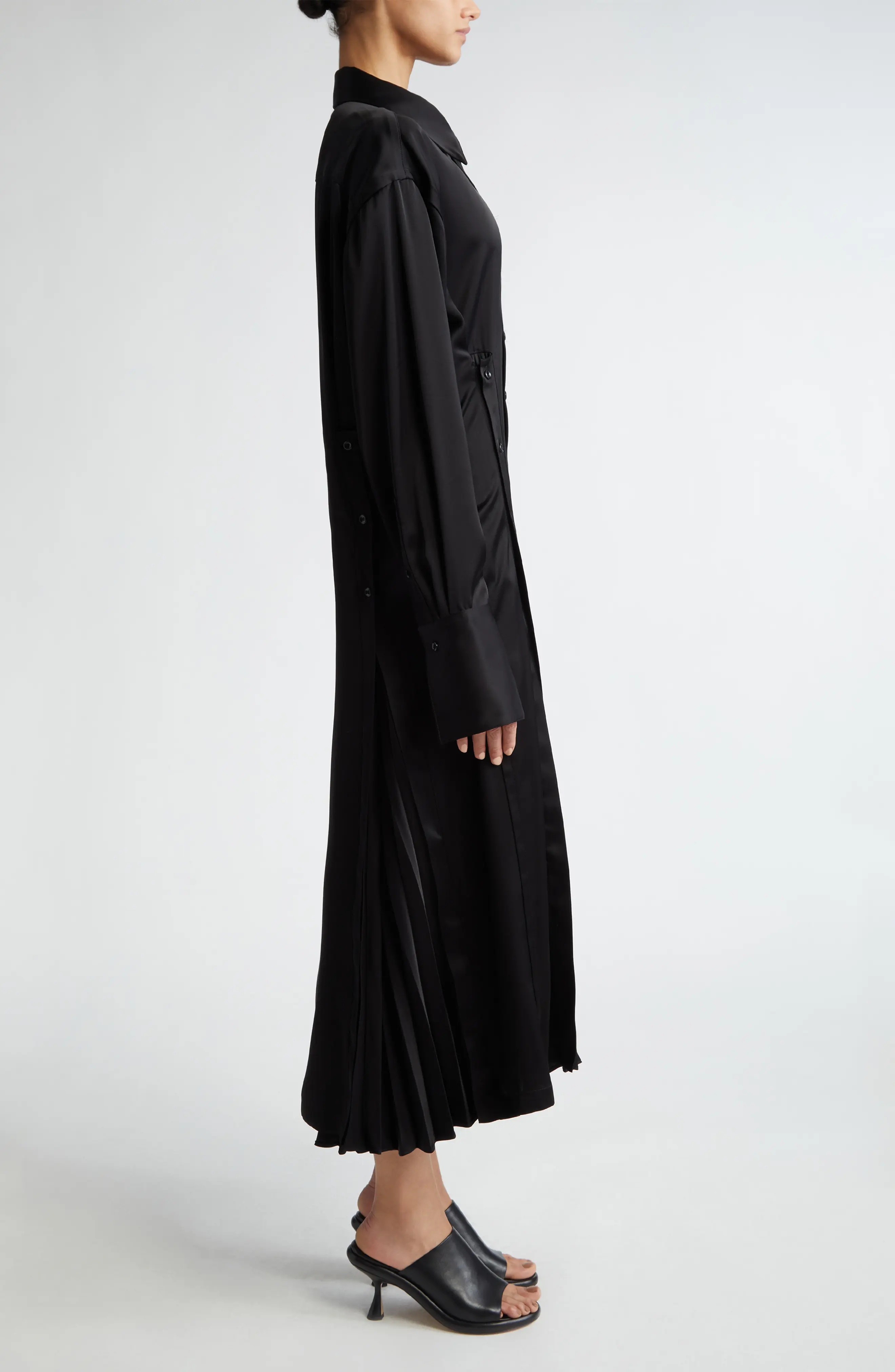 Pleated Long Sleeve Satin Shirtdress - 3