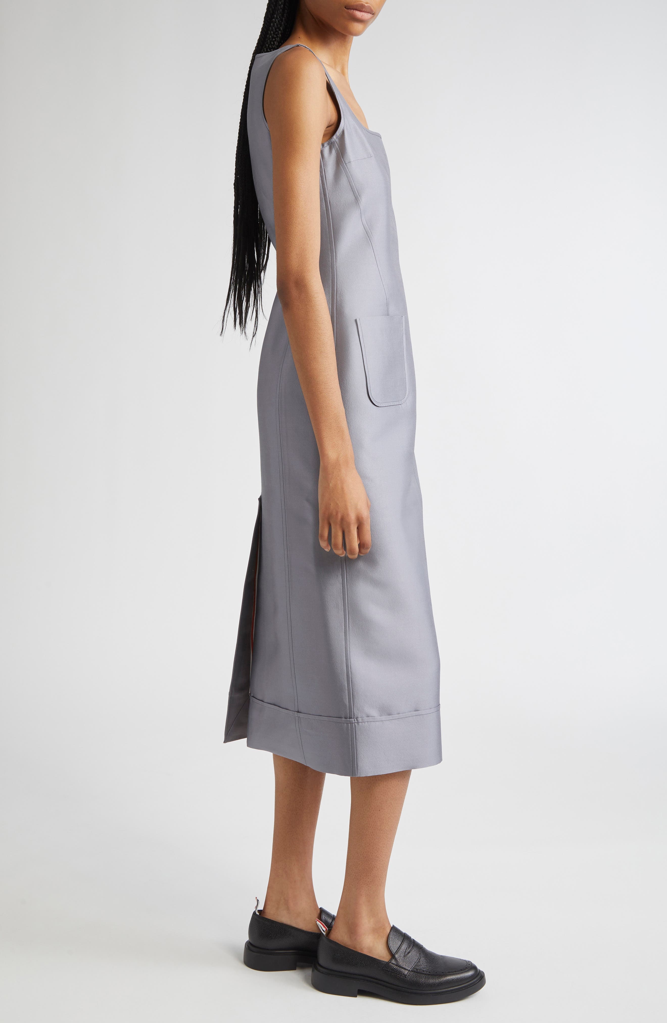 Thom Browne Square Neck Wool & Silk Midi Dress in Medium Grey at Nordstrom - 3