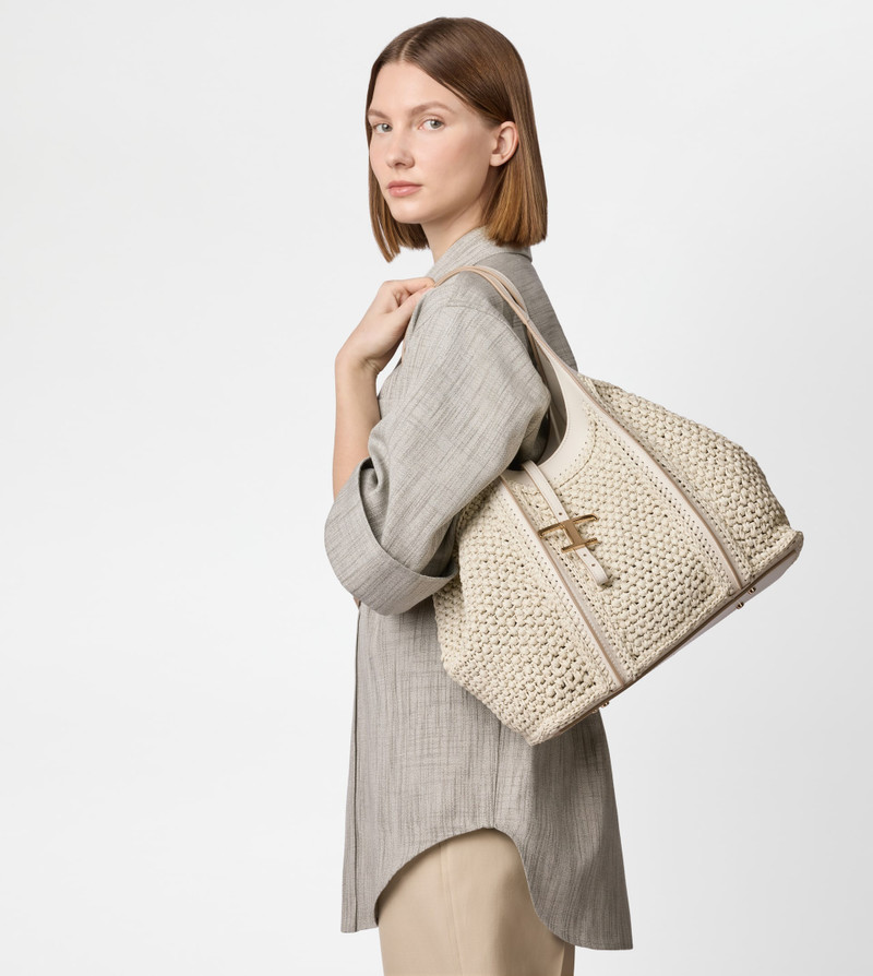 Tod's T TIMELESS SHOPPING BAG IN RAFFIA AND LEATHER MEDIUM - WHITE outlook