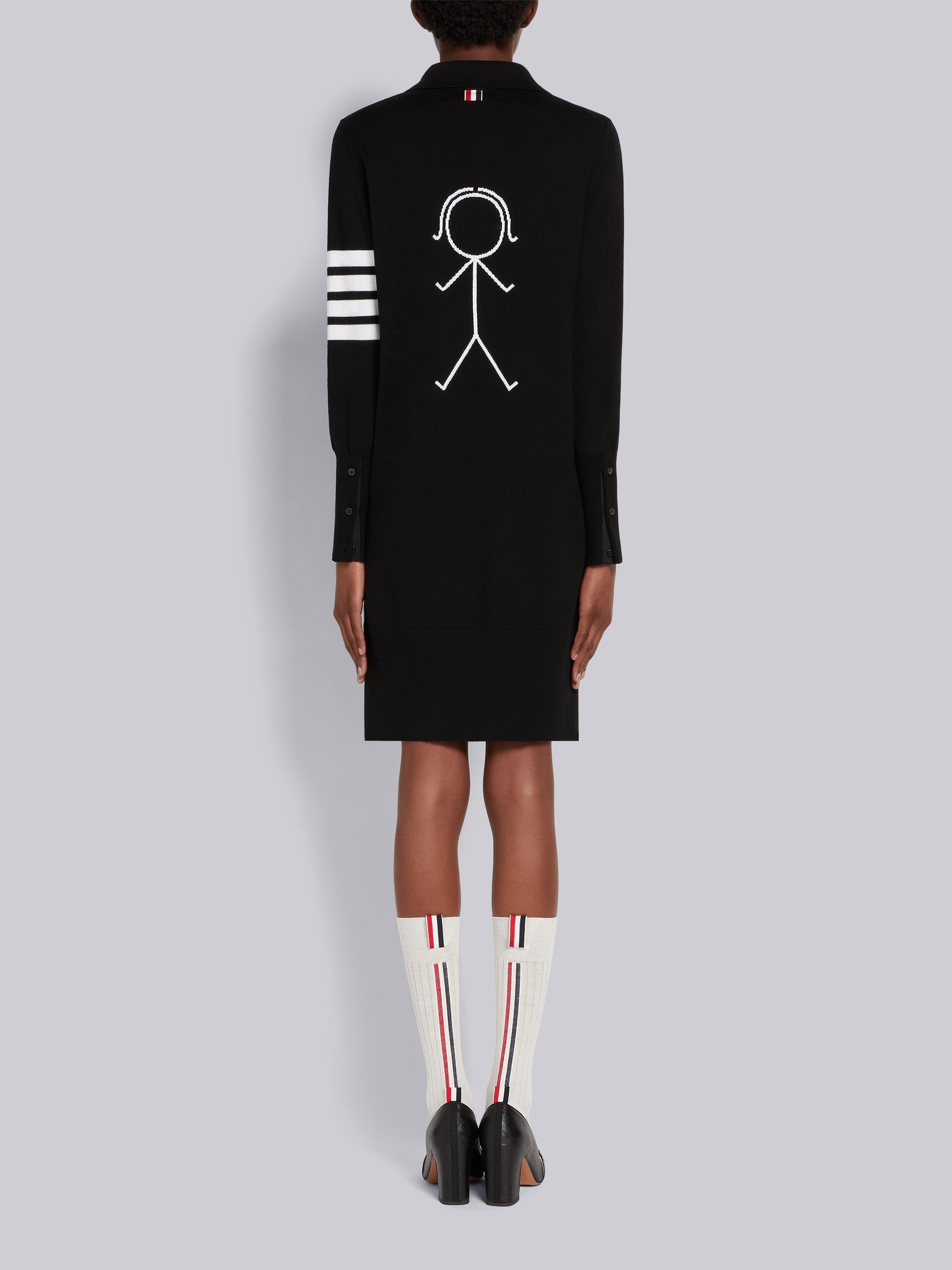 Black Fine Merino Wool 4-Bar Mrs. Thom Intarsia Long Sleeve Mini Polo Dress - 3