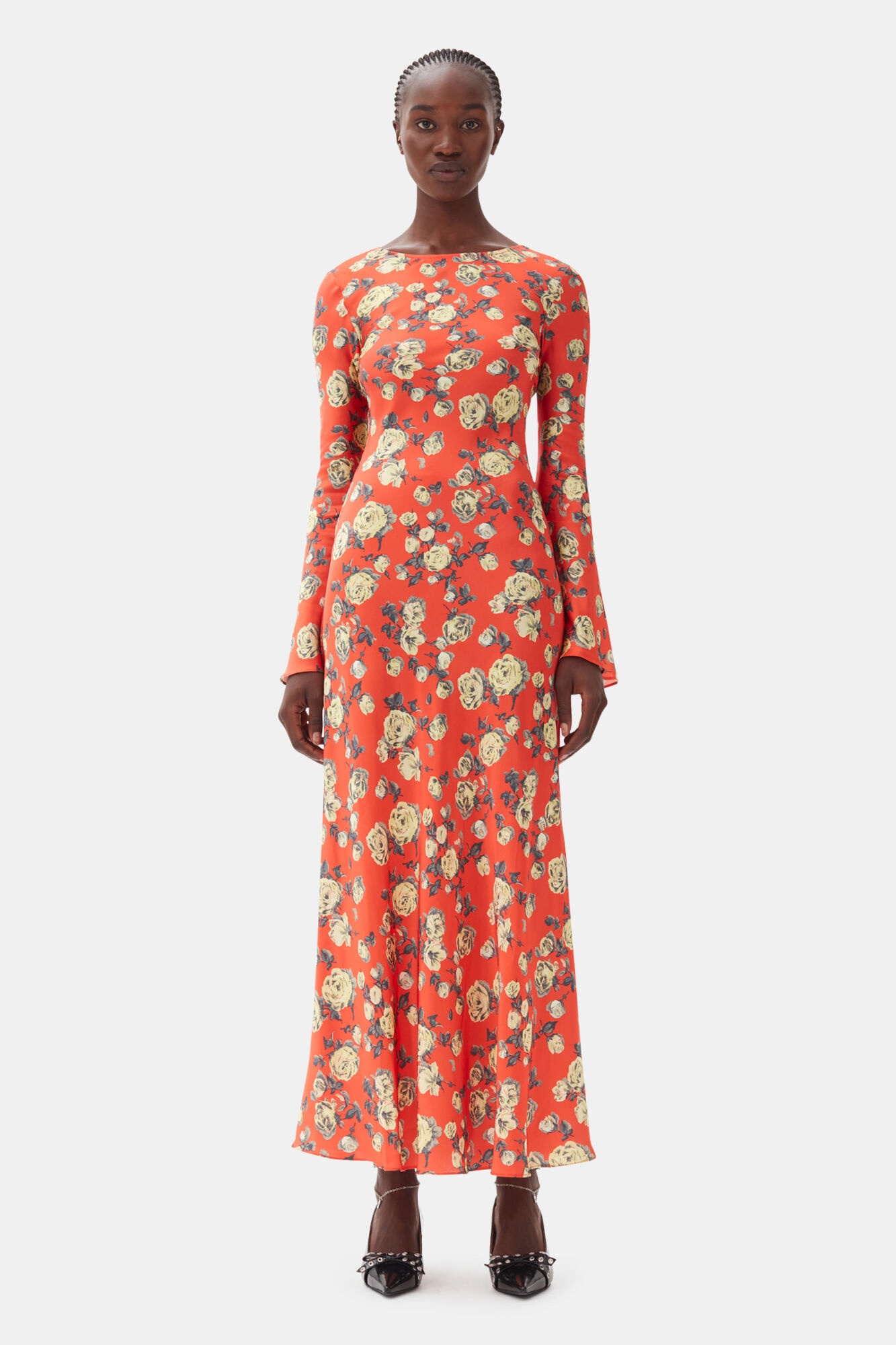 ORANGE FLORAL PRINTED SATIN MAXI DRESS - 2