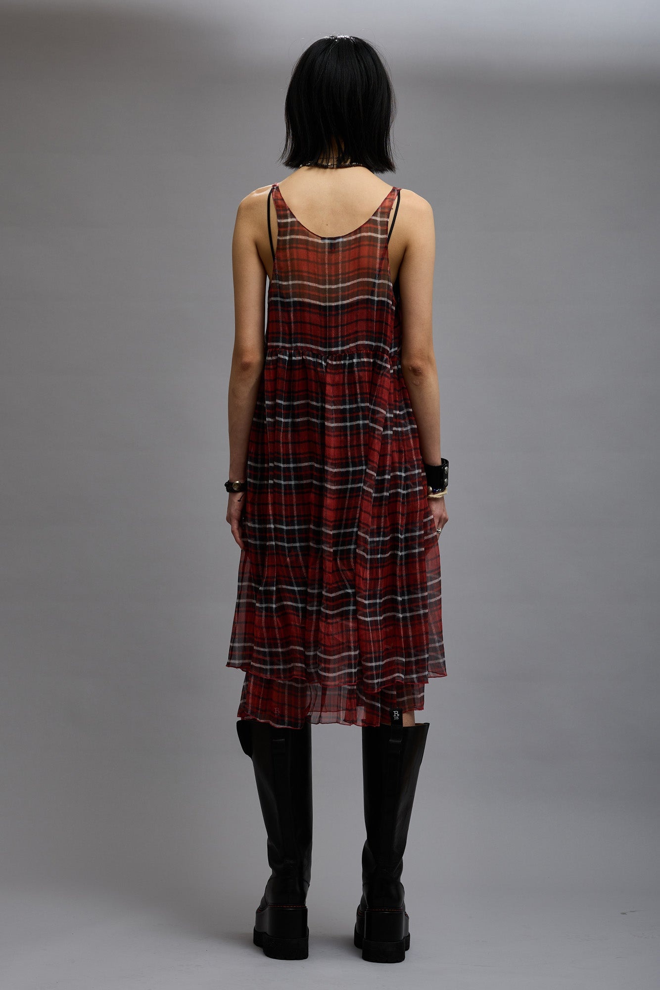 GATHERED TANK DRESS - RED PLAID CHIFFON - 5