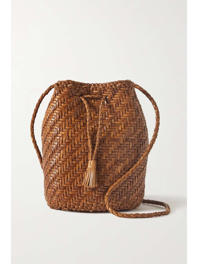 Pompom Double Jump woven leather bucket bag Tan - 1