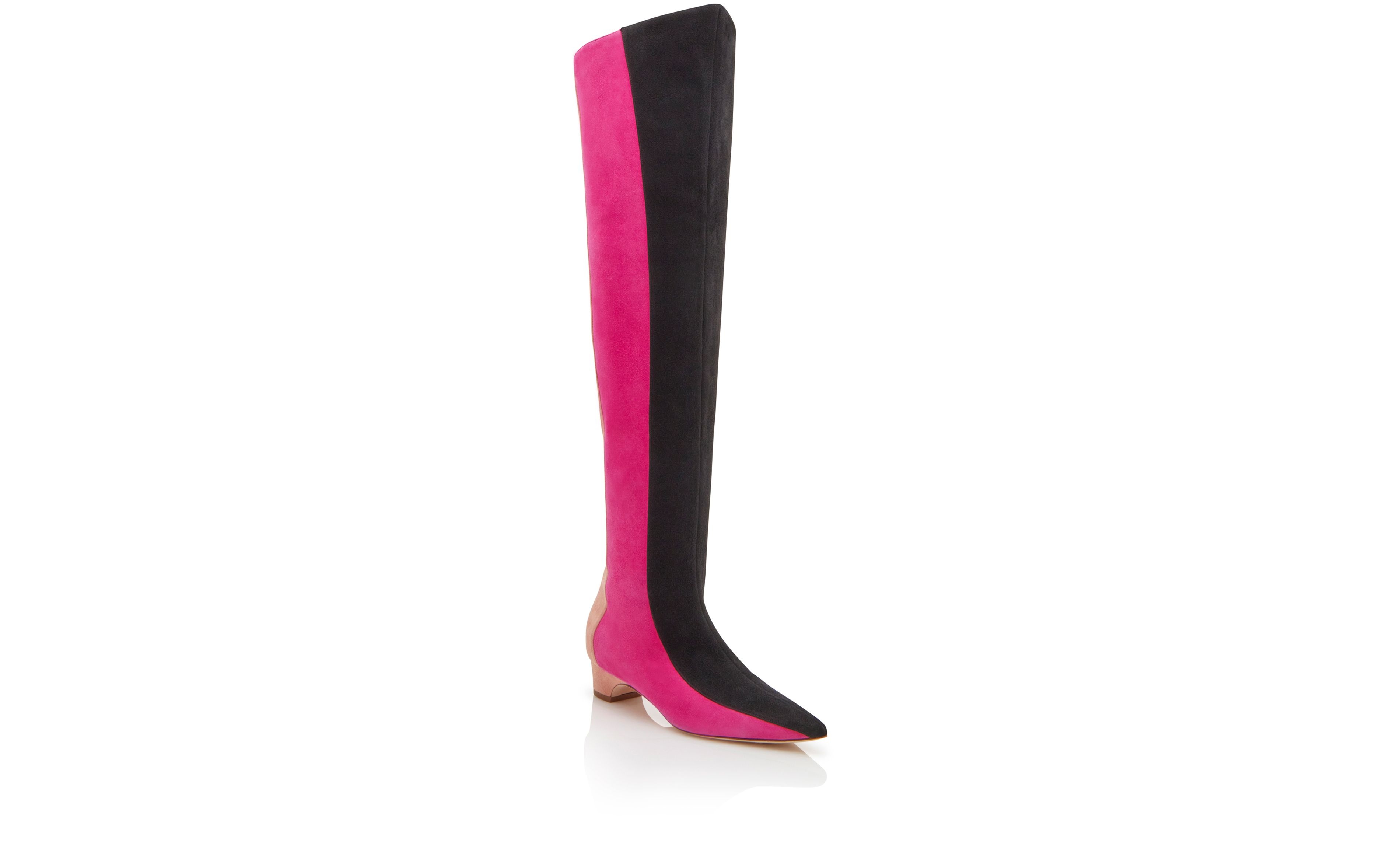 Black, Pink and Beige Suede Thigh High Boots - 3