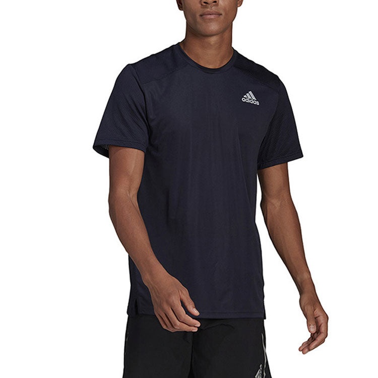 Men's adidas Solid Color Logo Round Neck Short Sleeve Ink Blue T-Shirt HB7465 - 3