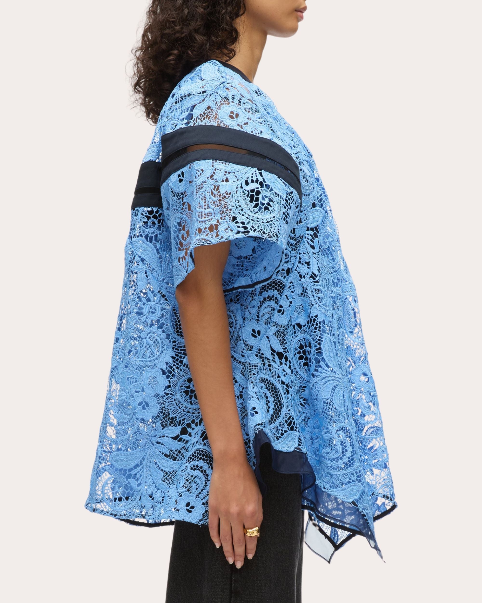 Sheer Lace Mesh-Panel Flounce Top - 3