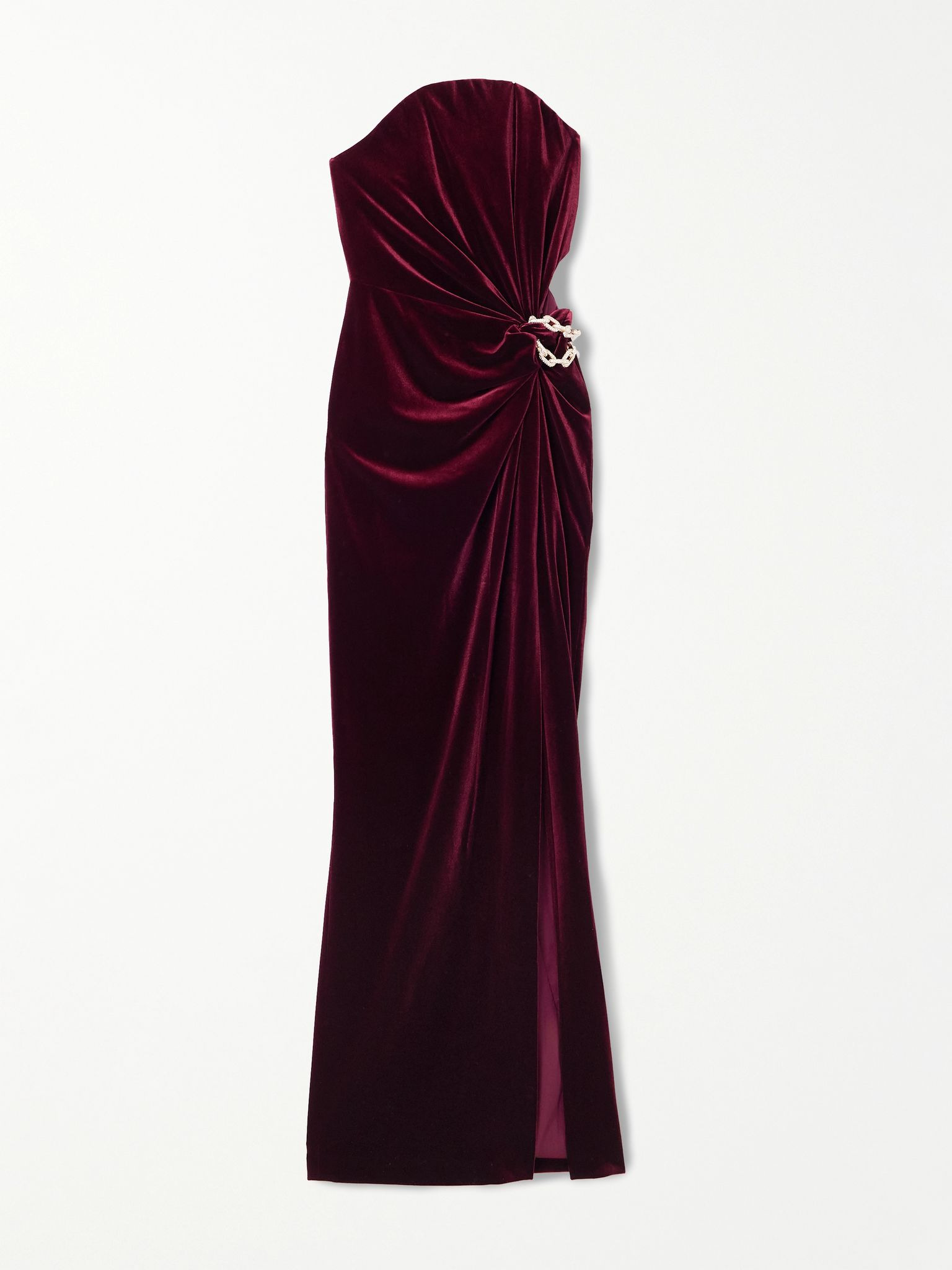 Strapless cutout embellished gathered velvet maxi dress Burgundy - 1