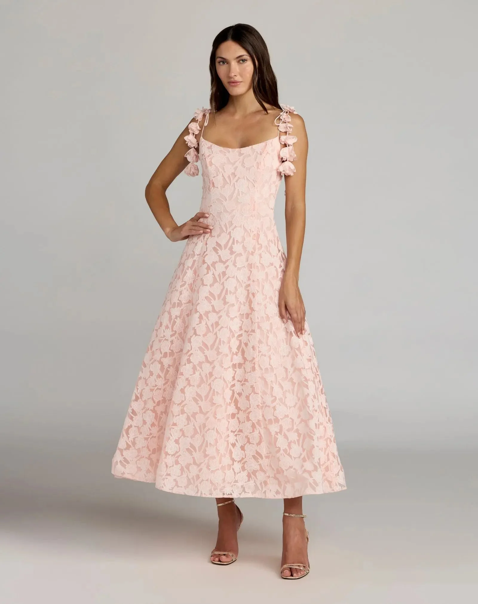 Pink Scoop Neck Floral A-Line Midi Dress - 1