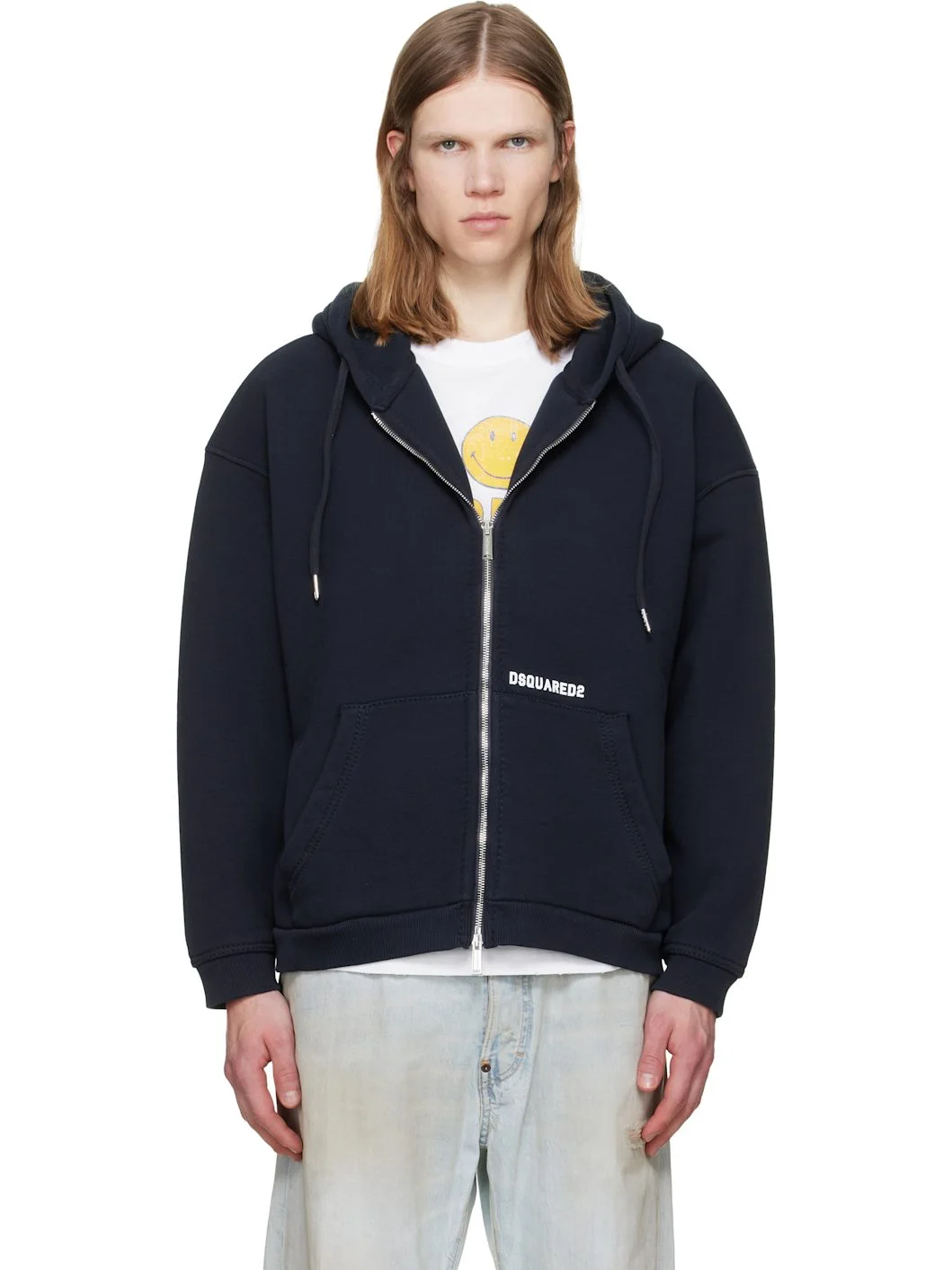 Navy Dsquared2 Logo Boyfriend Fit Zipped Hoodie - 1