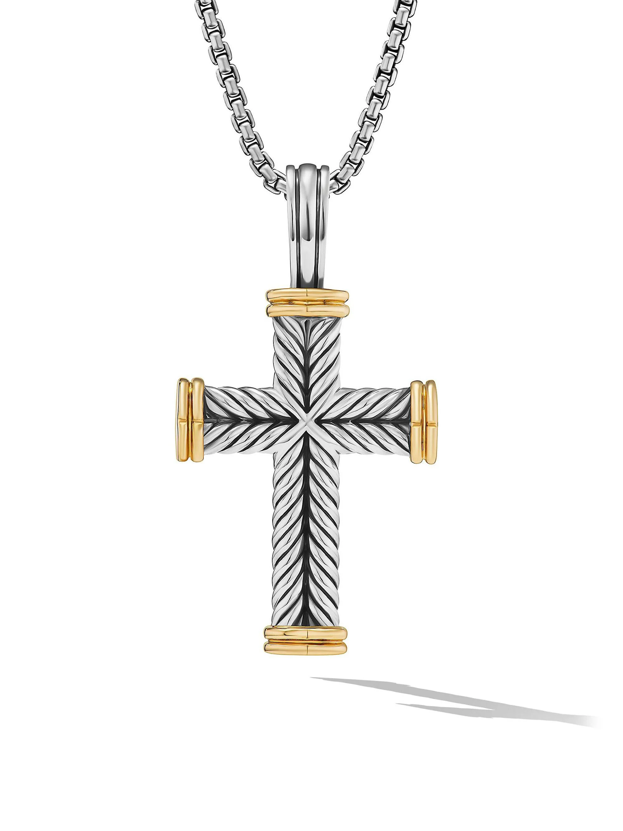 Men's Chevron Cross Pendant in Sterling Silver with 18K Yellow Gold, 33MM - Silver - 1