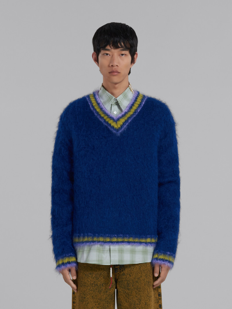 Marni BLUE MOHAIR JUMPER WITH STRIPED TRIMS outlook