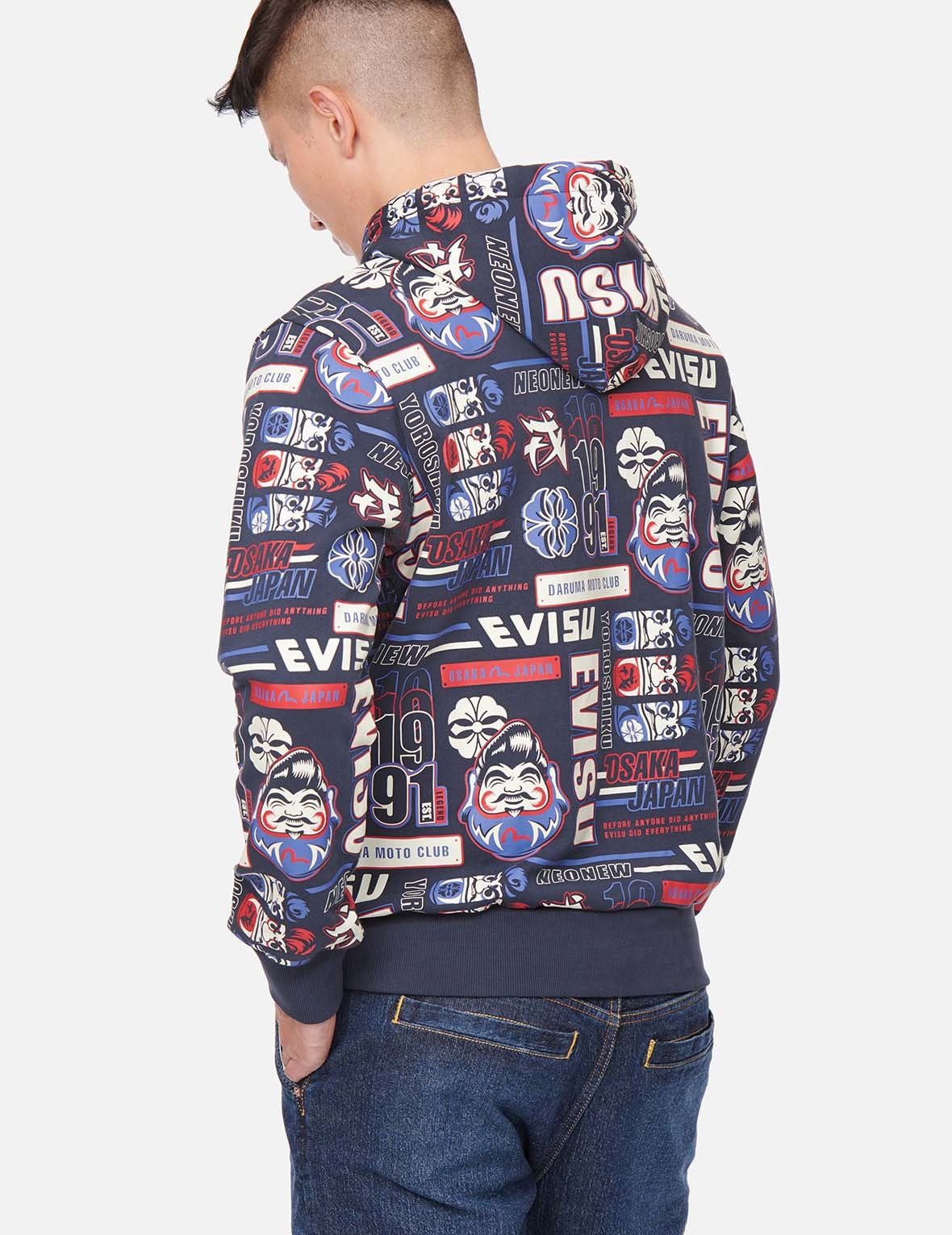 ALLOVER DARUMA AND SLOGAN PRINT HOODED SWEATSHIRT - 4