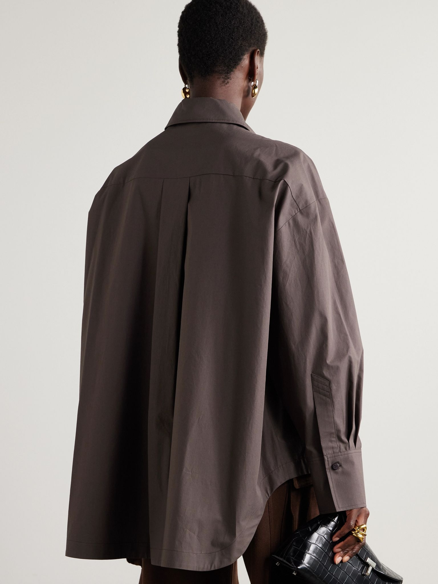 Oversized embroidered cotton-poplin shirt Brown - 3