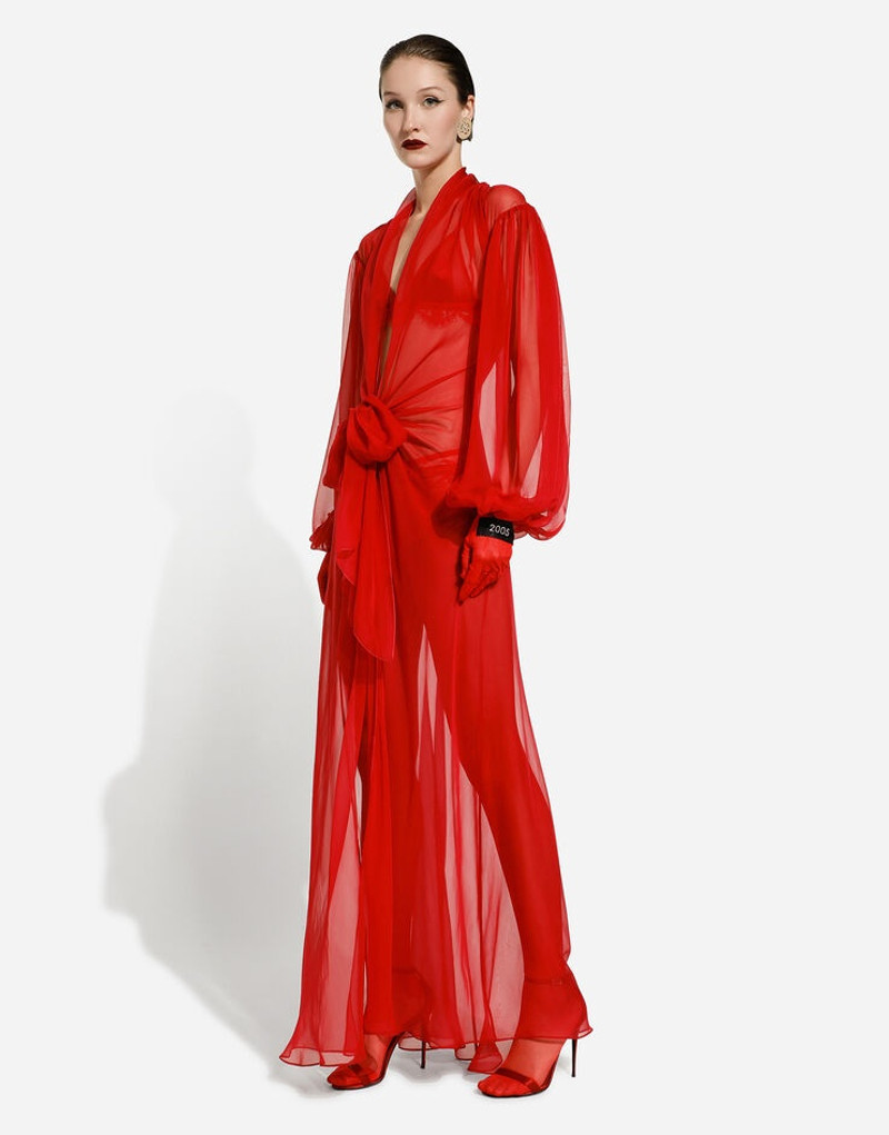Long silk chiffon dress with bow detail 3