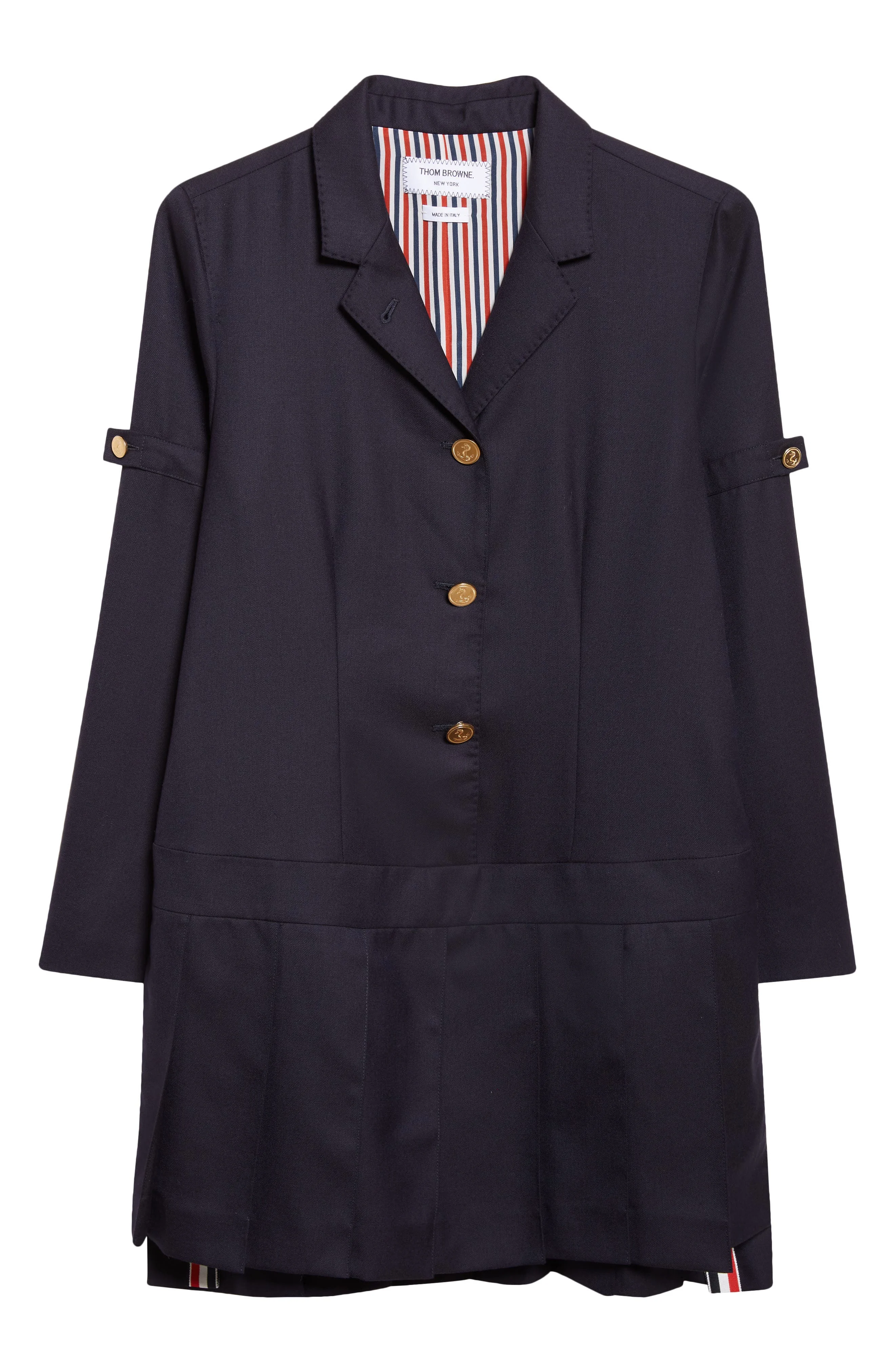 Thom Browne Long Sleeve Pleated Wool Blazer Dress in Navy at Nordstrom - 1
