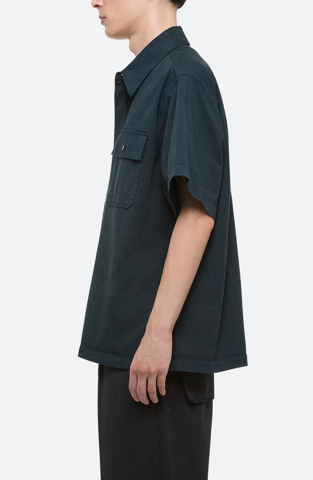 Helmut Lang GD Uniform Short Sleeve Stretch Twill Button Up Shirt in Pine at Nordstrom - 4