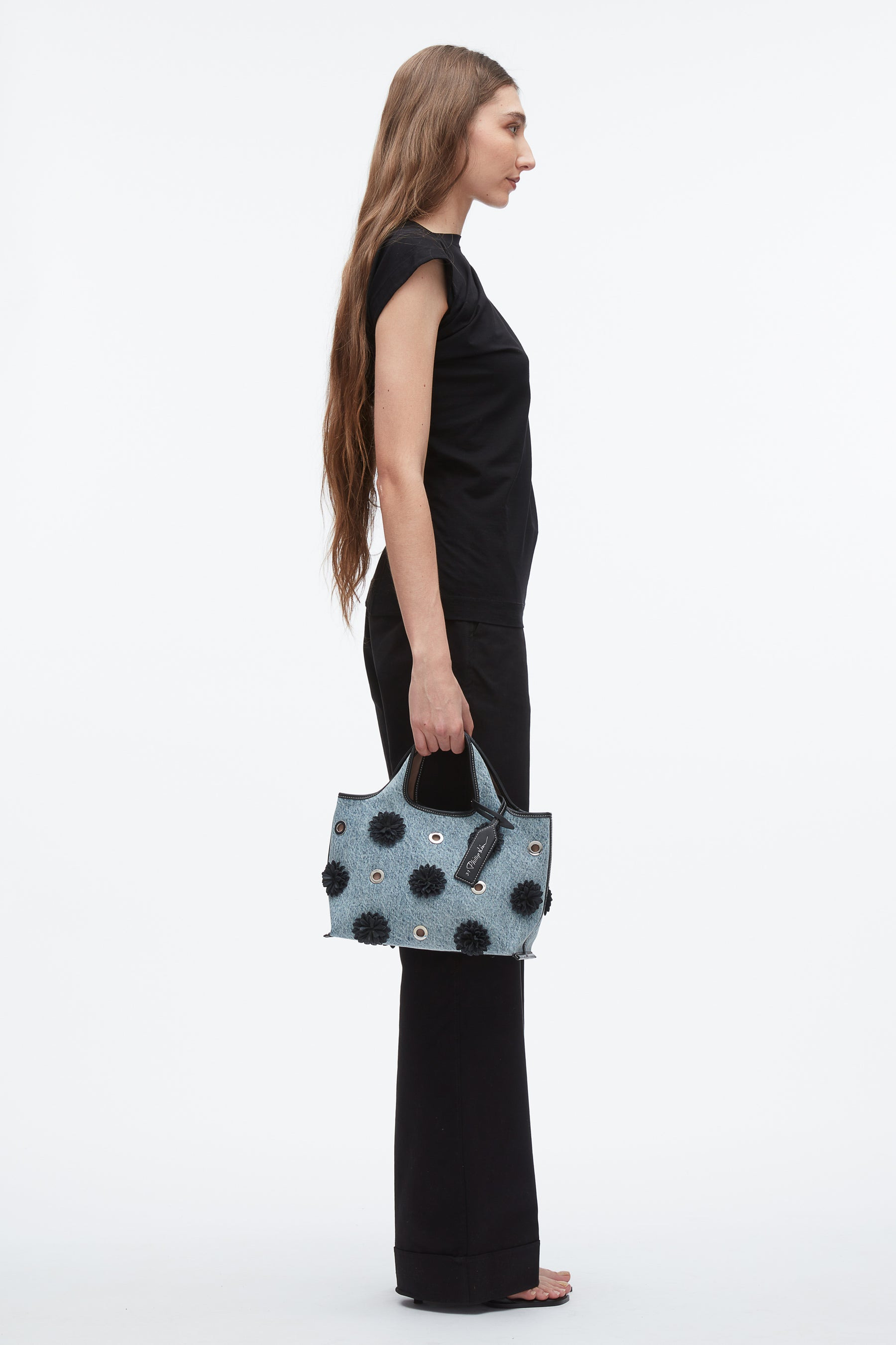 Denim Mini Market Tote with Leather Flowers - 5