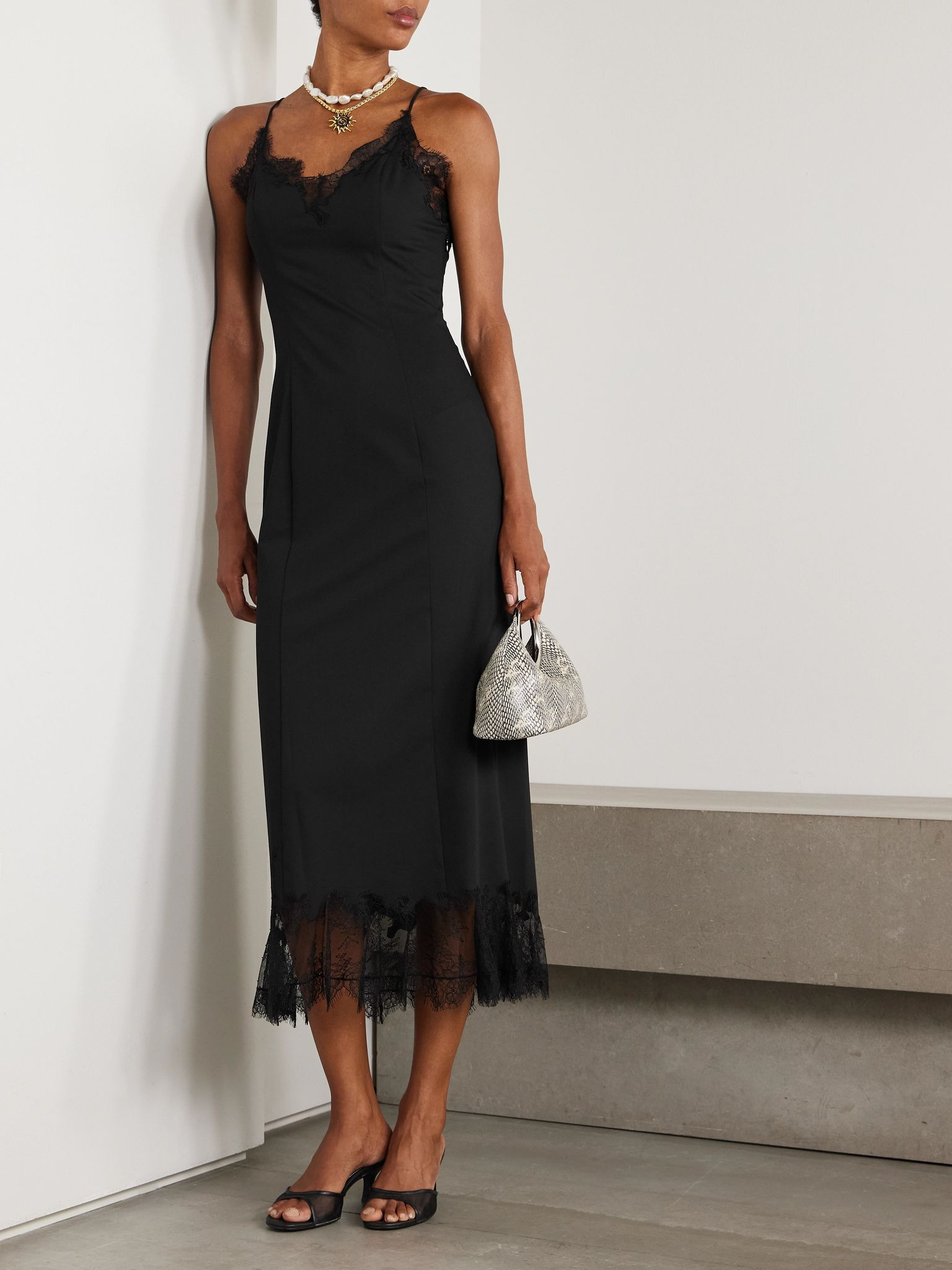 Nadia lace-trimmed satin midi dress Black - 2