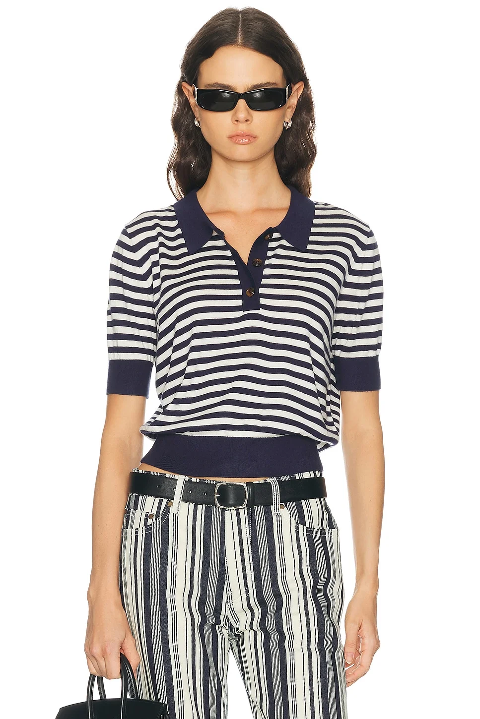 Silk Cashmere Stripe Knit Polo Top - 1