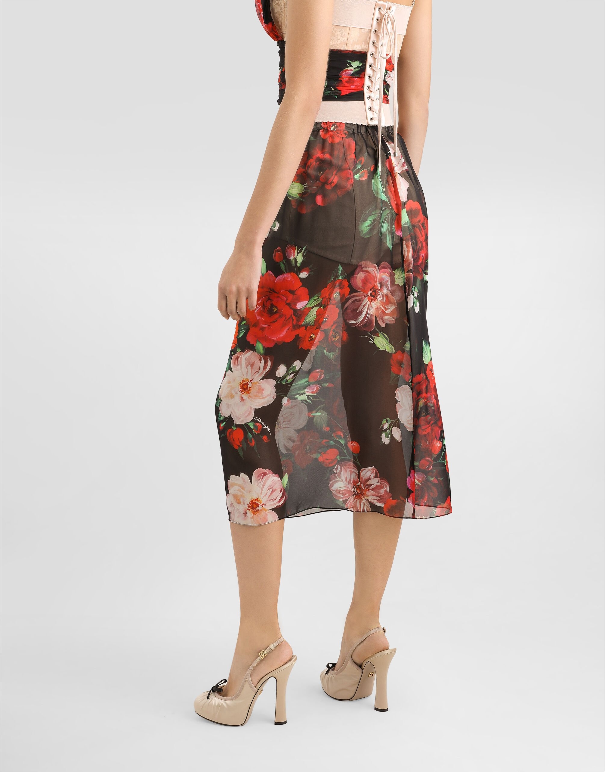Rose-print chiffon calf-length skirt - 6